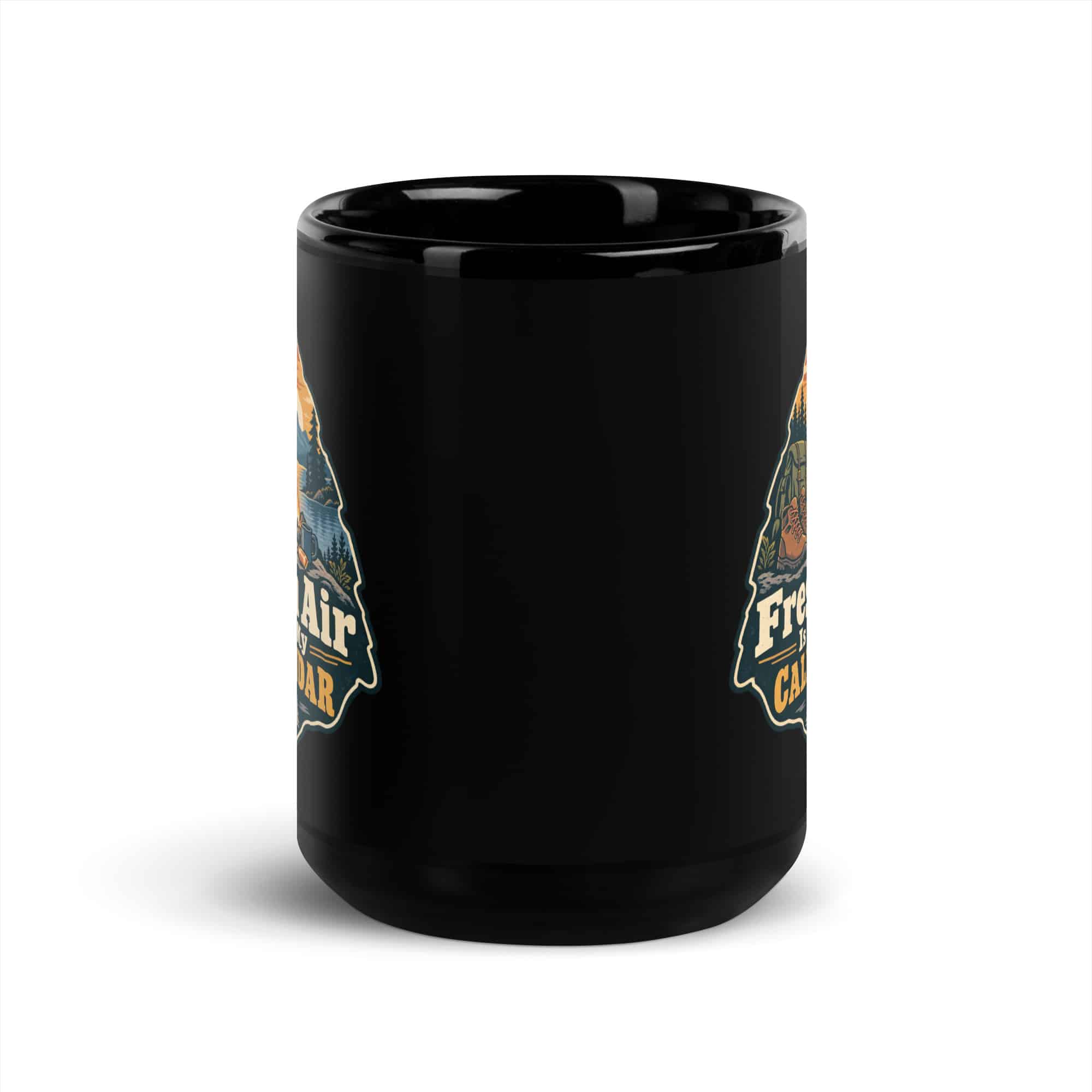 Nature and Adventure Black Coffee Mug: Fresh Air Is on My Calendar, Scenic Shield Badge