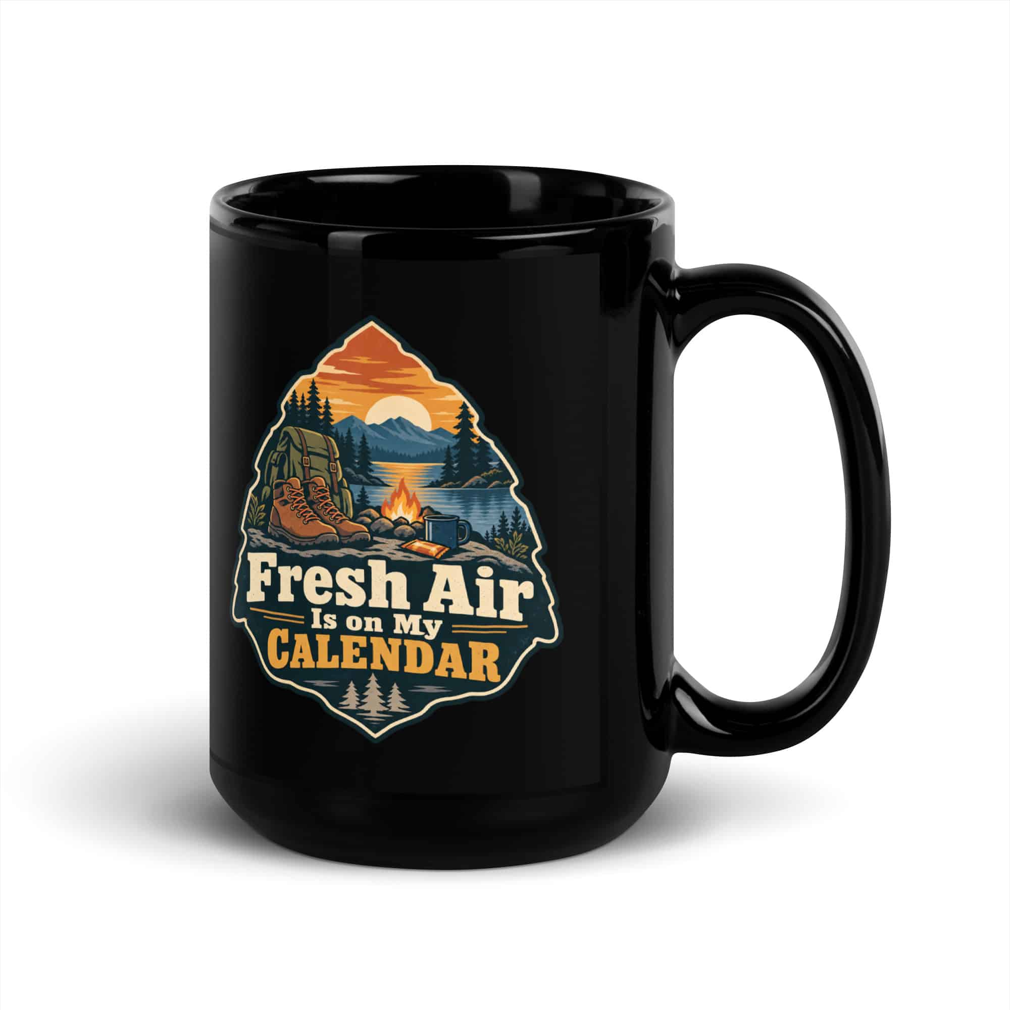 Nature and Adventure Black Coffee Mug: Fresh Air Is on My Calendar, Scenic Shield Badge