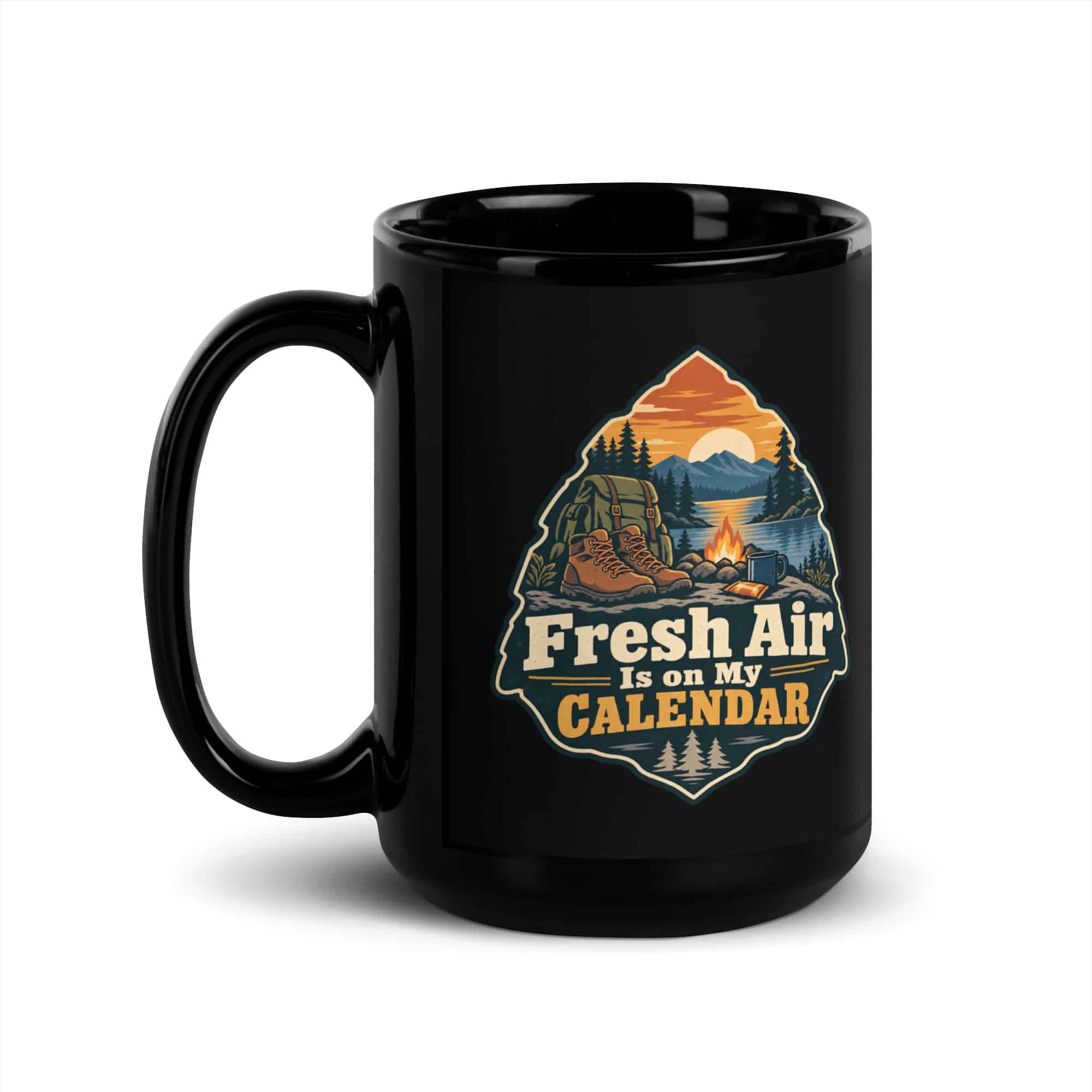 Nature and Adventure Black Coffee Mug: Fresh Air Is on My Calendar, Scenic Shield Badge
