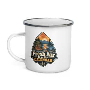 Nature and Adventure Enamel Camp Mug: Fresh Air Is on My Calendar, Scenic Shield Badge - 12 oz - Left