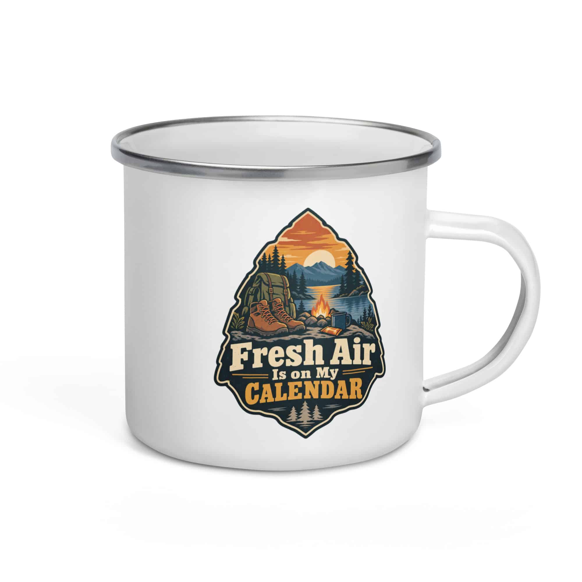 Nature and Adventure Enamel Camp Mug: Fresh Air Is on My Calendar, Scenic Shield Badge