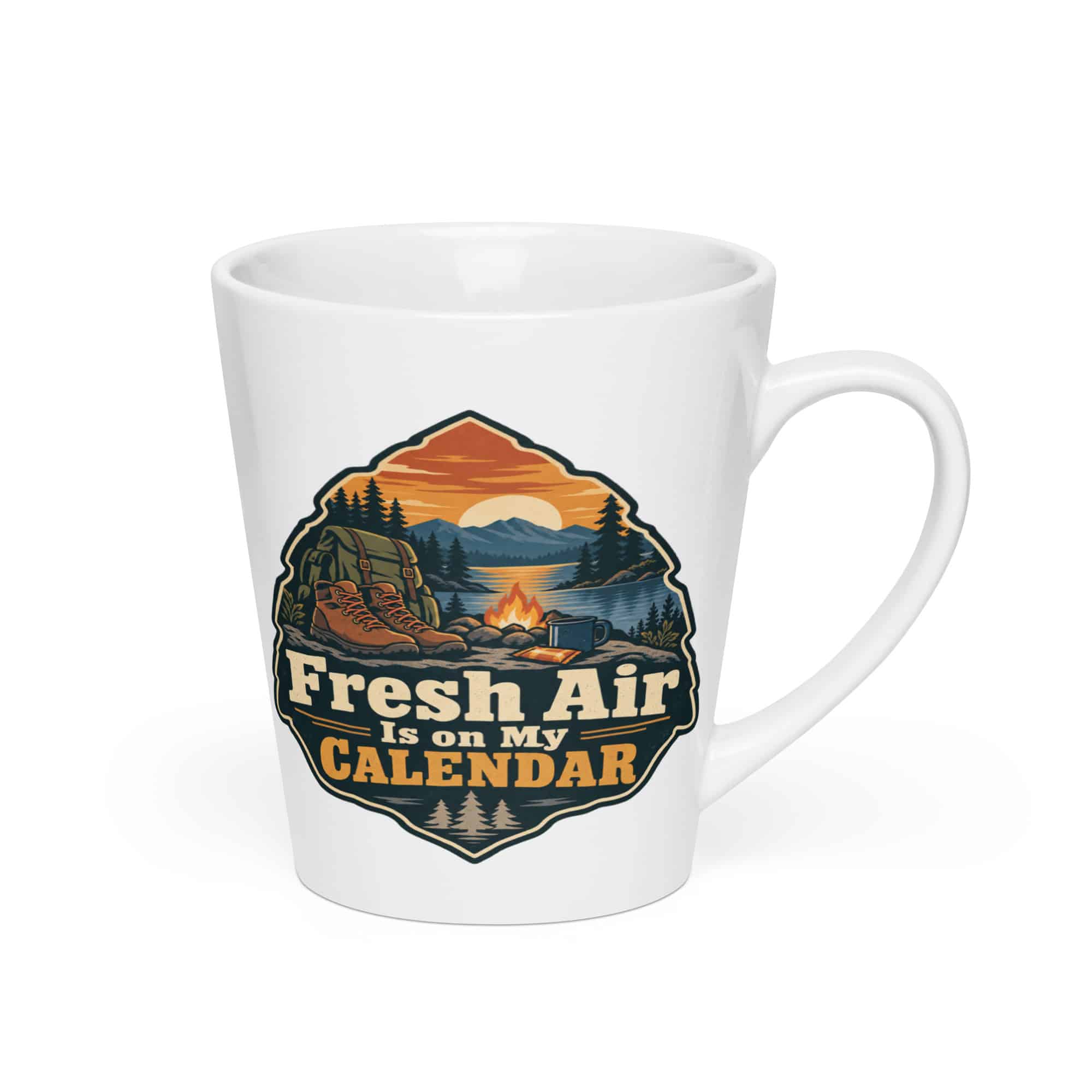 Nature and Adventure Latte Mug: Fresh Air Is on My Calendar, Scenic Shield Badge