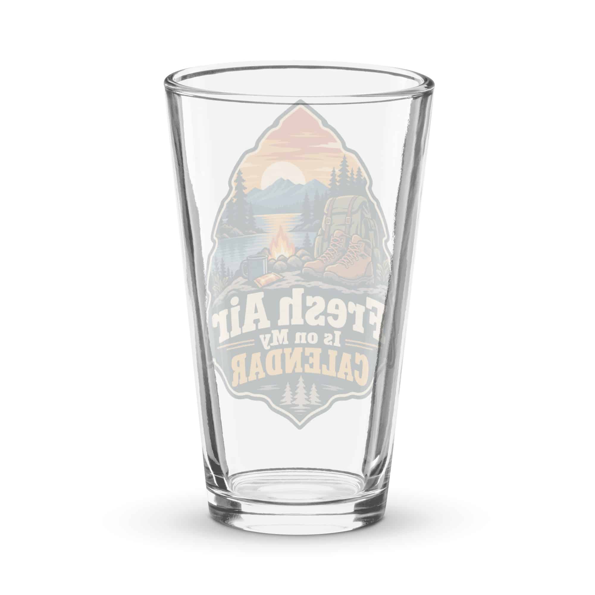 Nature and Adventure Pint Glass: Fresh Air Is on My Calendar, Scenic Shield Badge