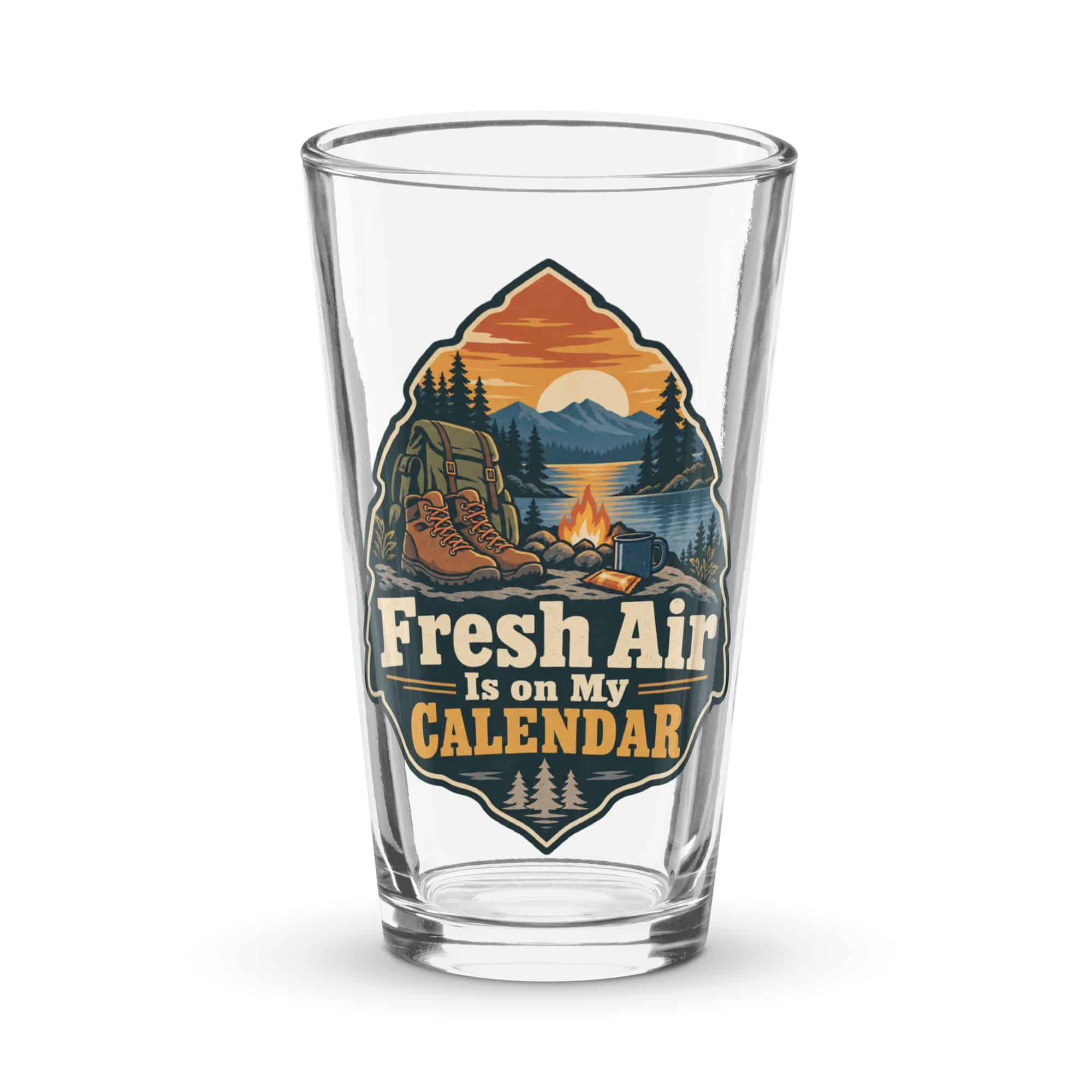 Nature and Adventure Pint Glass: Fresh Air Is on My Calendar, Scenic Shield Badge