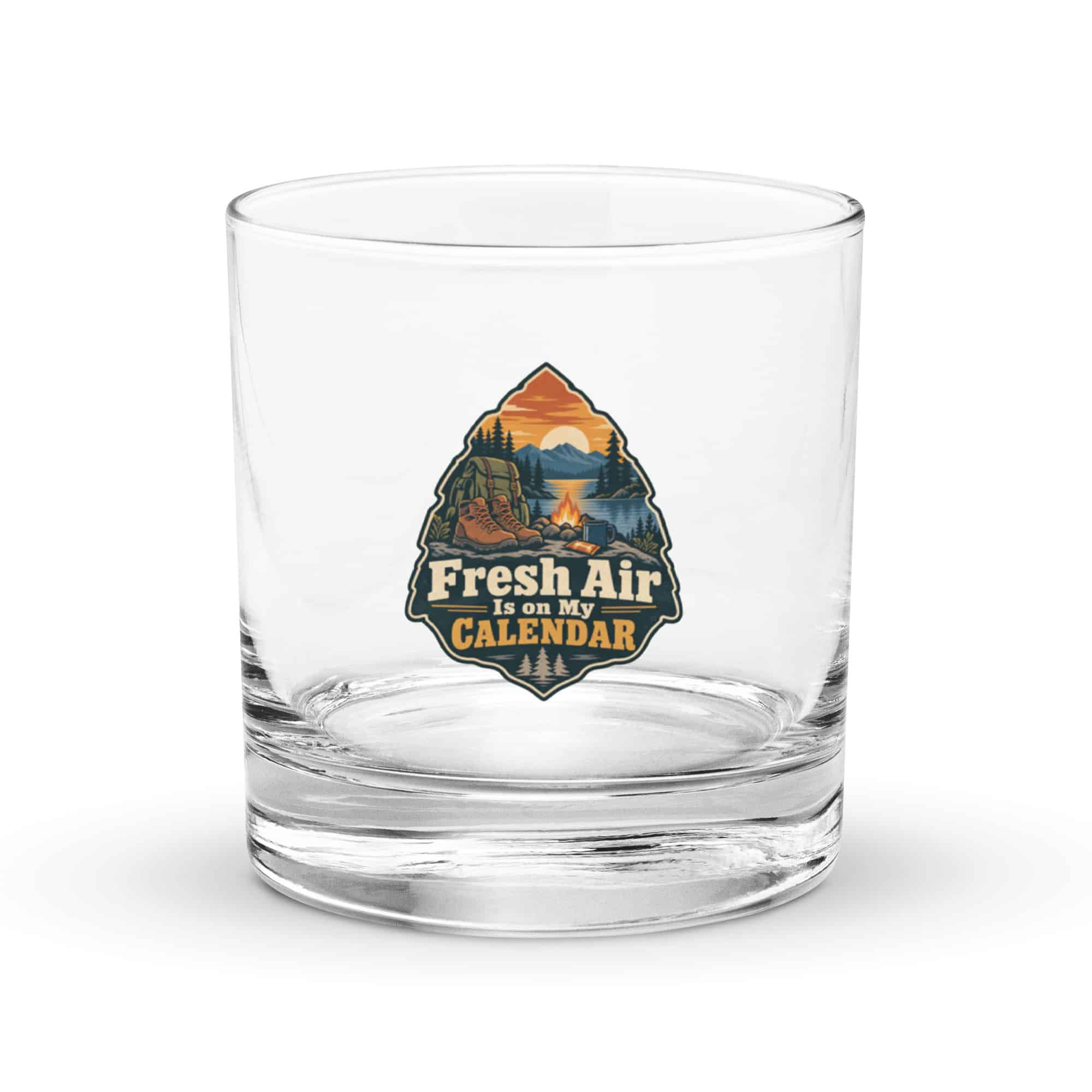Nature and Adventure Rocks Glass: Fresh Air Is on My Calendar, Scenic Shield Badge