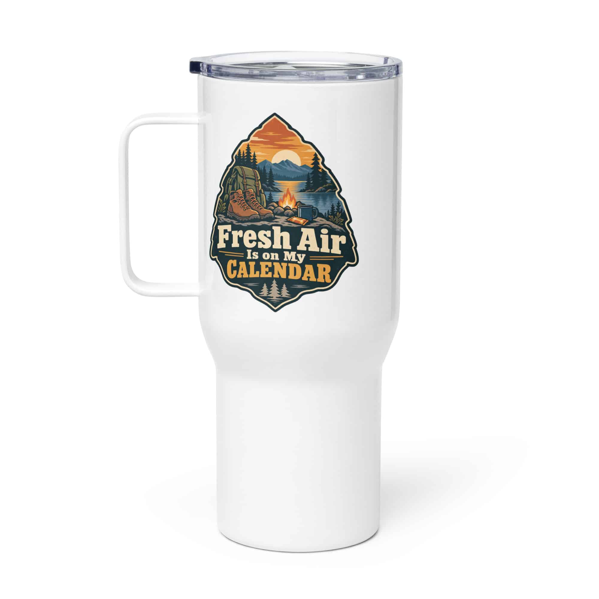 Nature and Adventure Travel Mug: Fresh Air Is on My Calendar, Scenic Shield Badge