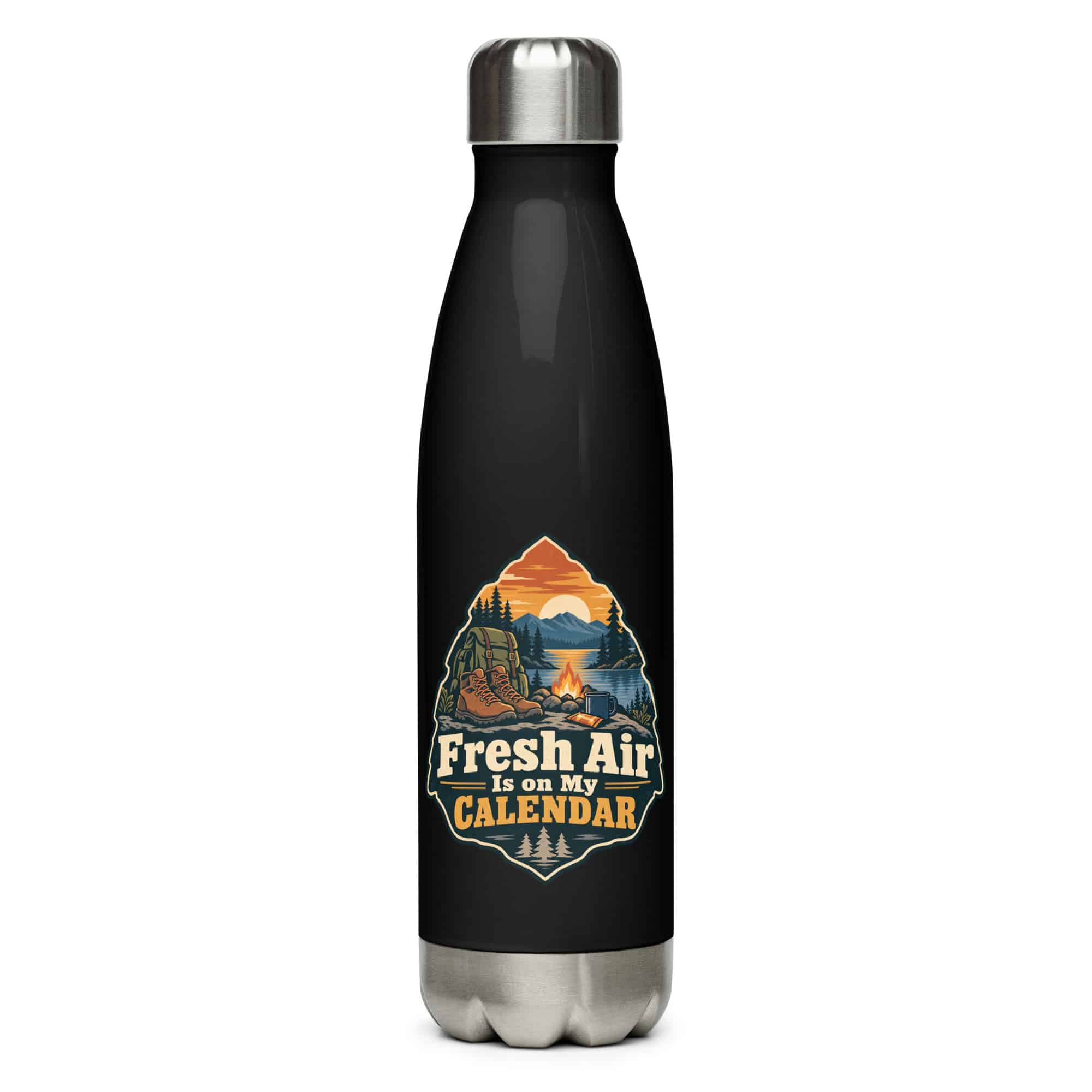 Nature and Adventure Stainless Steel Water Bottle: Fresh Air Is on My Calendar, Scenic Shield Badge