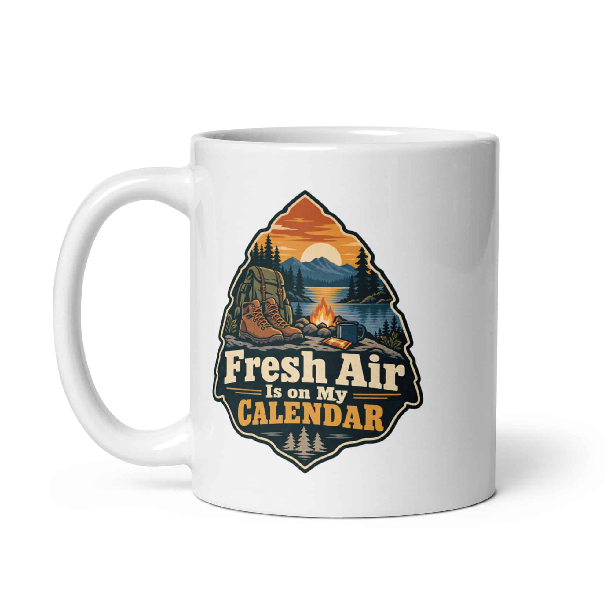 Nature and Adventure White Ceramic Coffee Mug: Fresh Air Is on My Calendar, Scenic Shield Badge