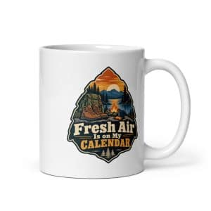 Nature and Adventure White Ceramic Coffee Mug: Fresh Air Is on My Calendar, Scenic Shield Badge - 11 oz - Main