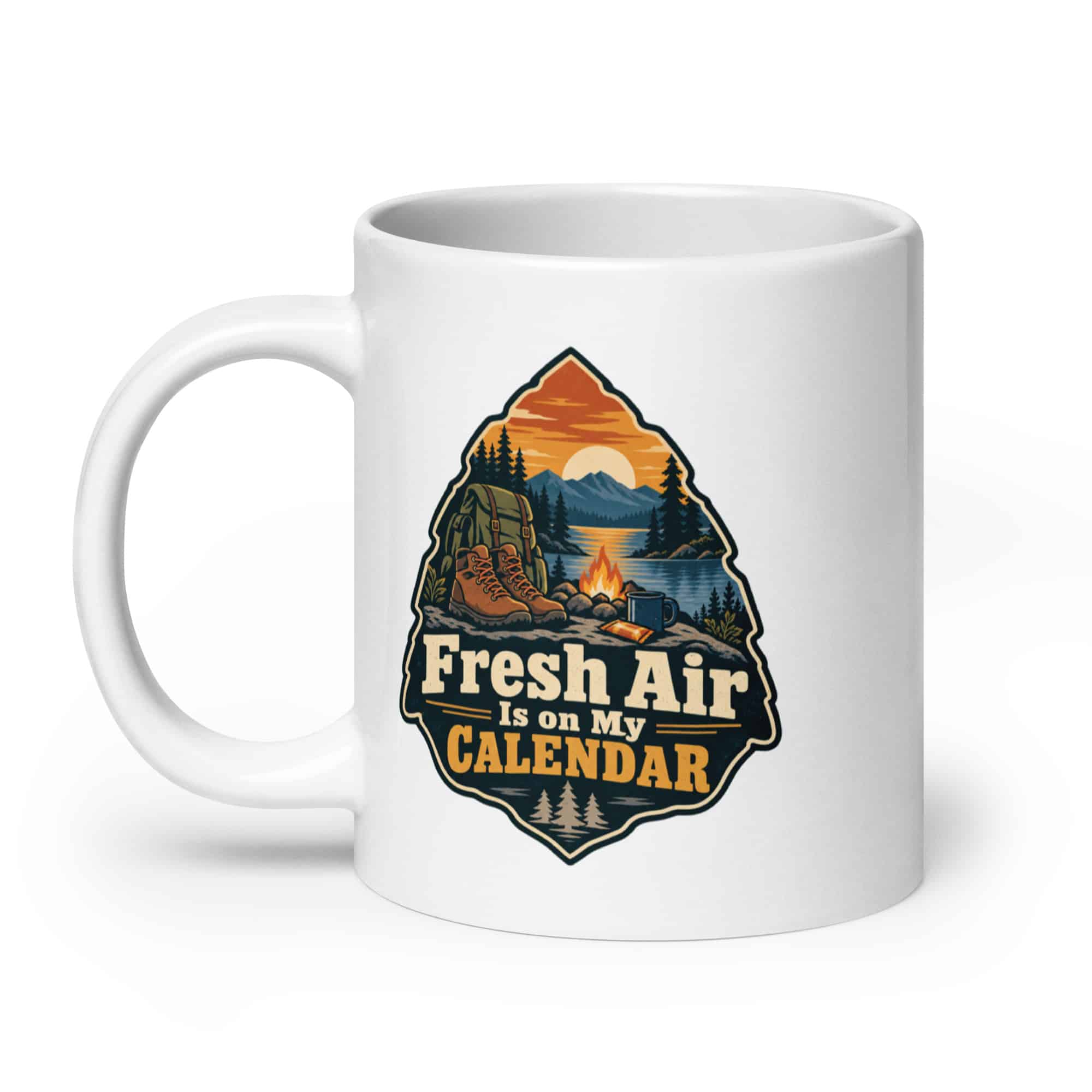 Nature and Adventure White Ceramic Coffee Mug: Fresh Air Is on My Calendar, Scenic Shield Badge