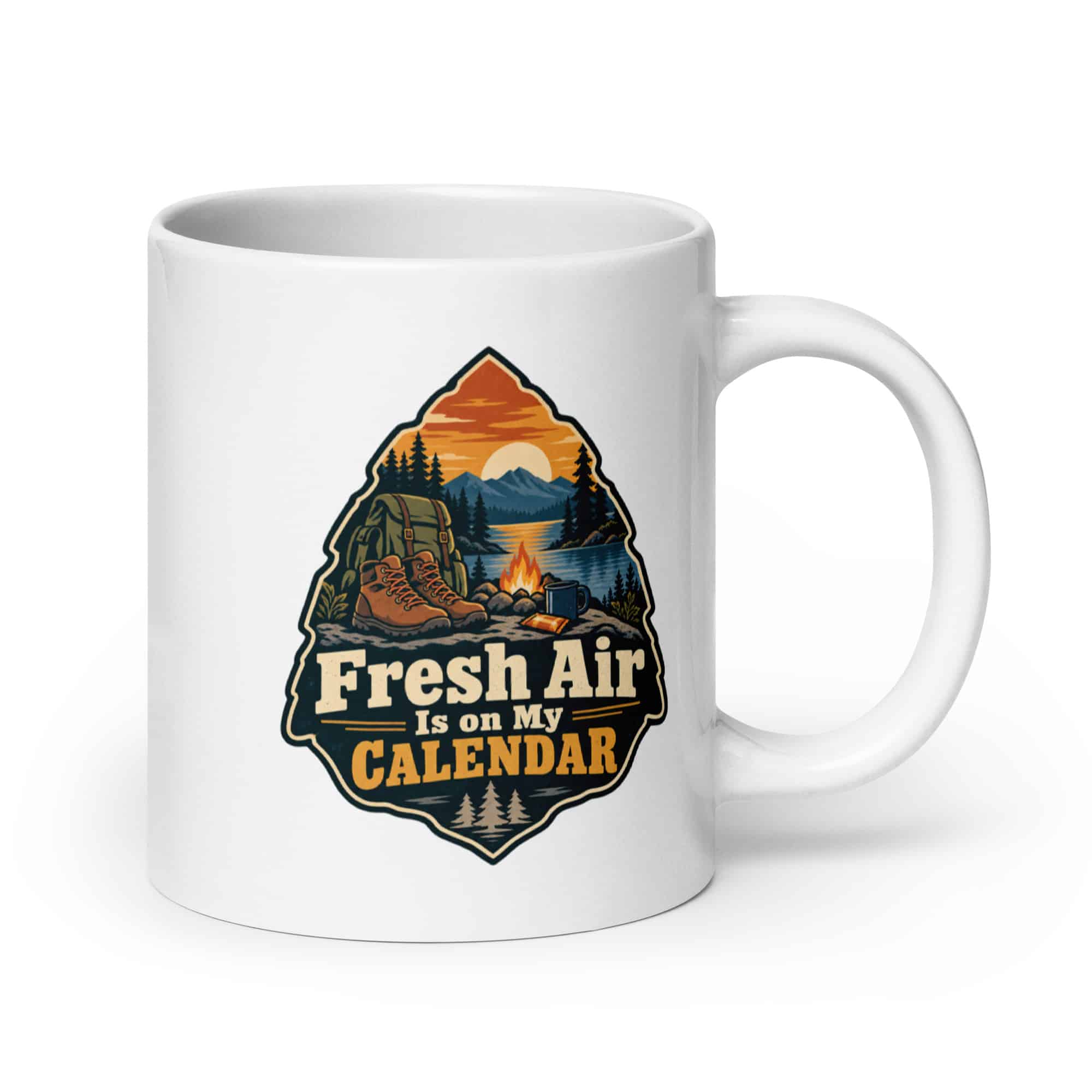 Nature and Adventure White Ceramic Coffee Mug: Fresh Air Is on My Calendar, Scenic Shield Badge