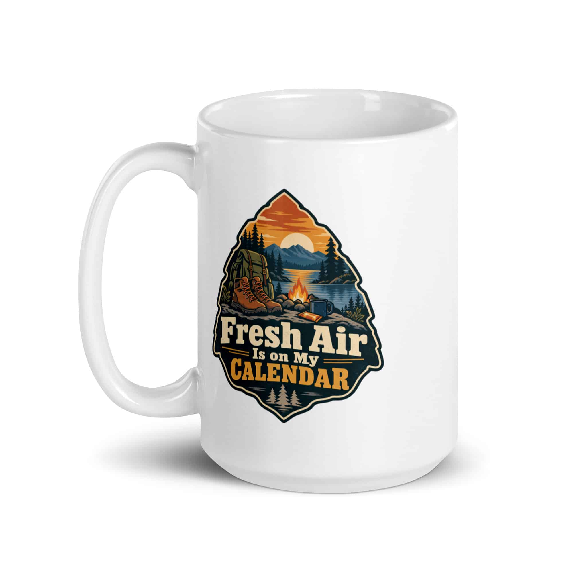 Nature and Adventure White Ceramic Coffee Mug: Fresh Air Is on My Calendar, Scenic Shield Badge