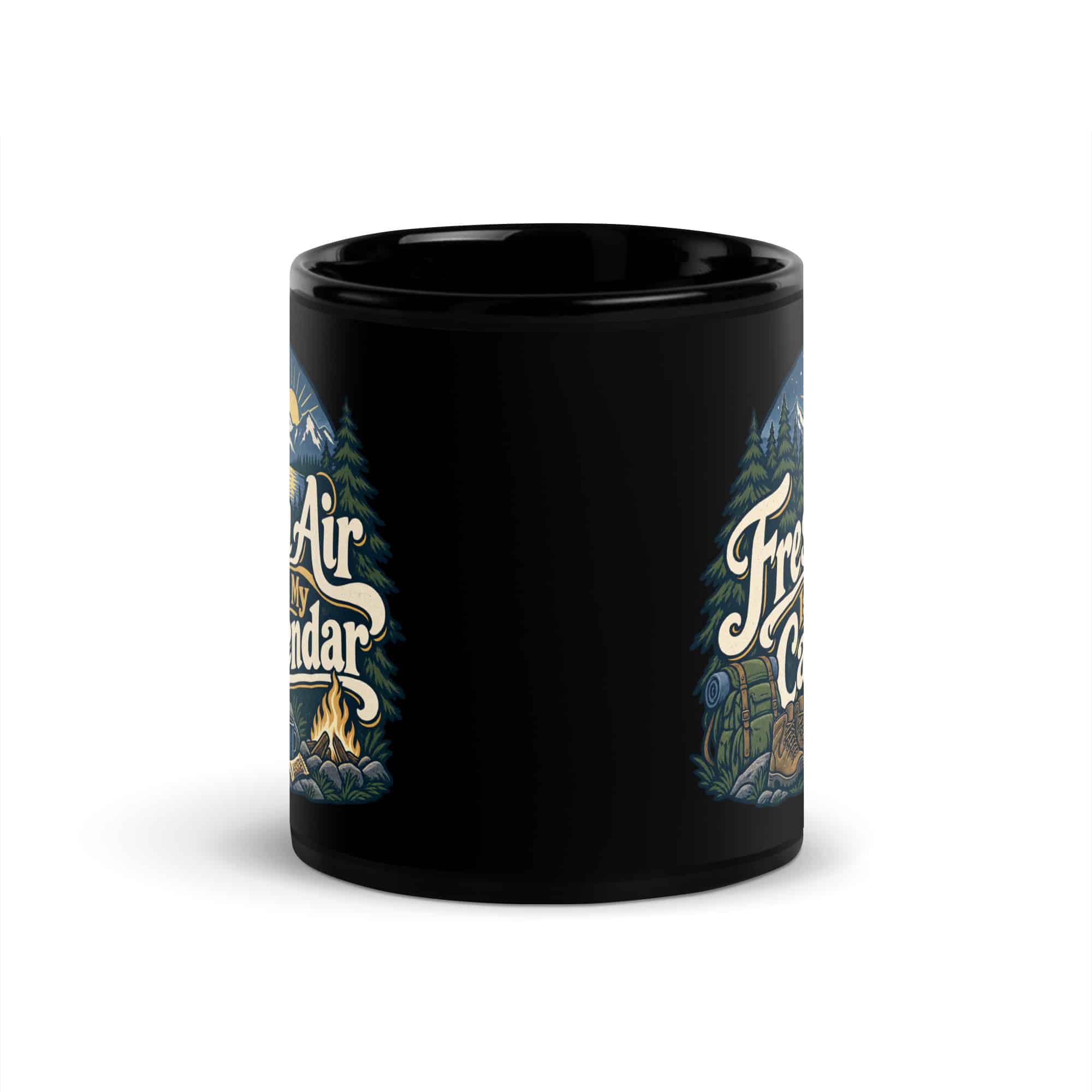 Nature and Adventure Black Coffee Mug: Fresh Air Is on My Calendar, Woodland Scenic Lettering