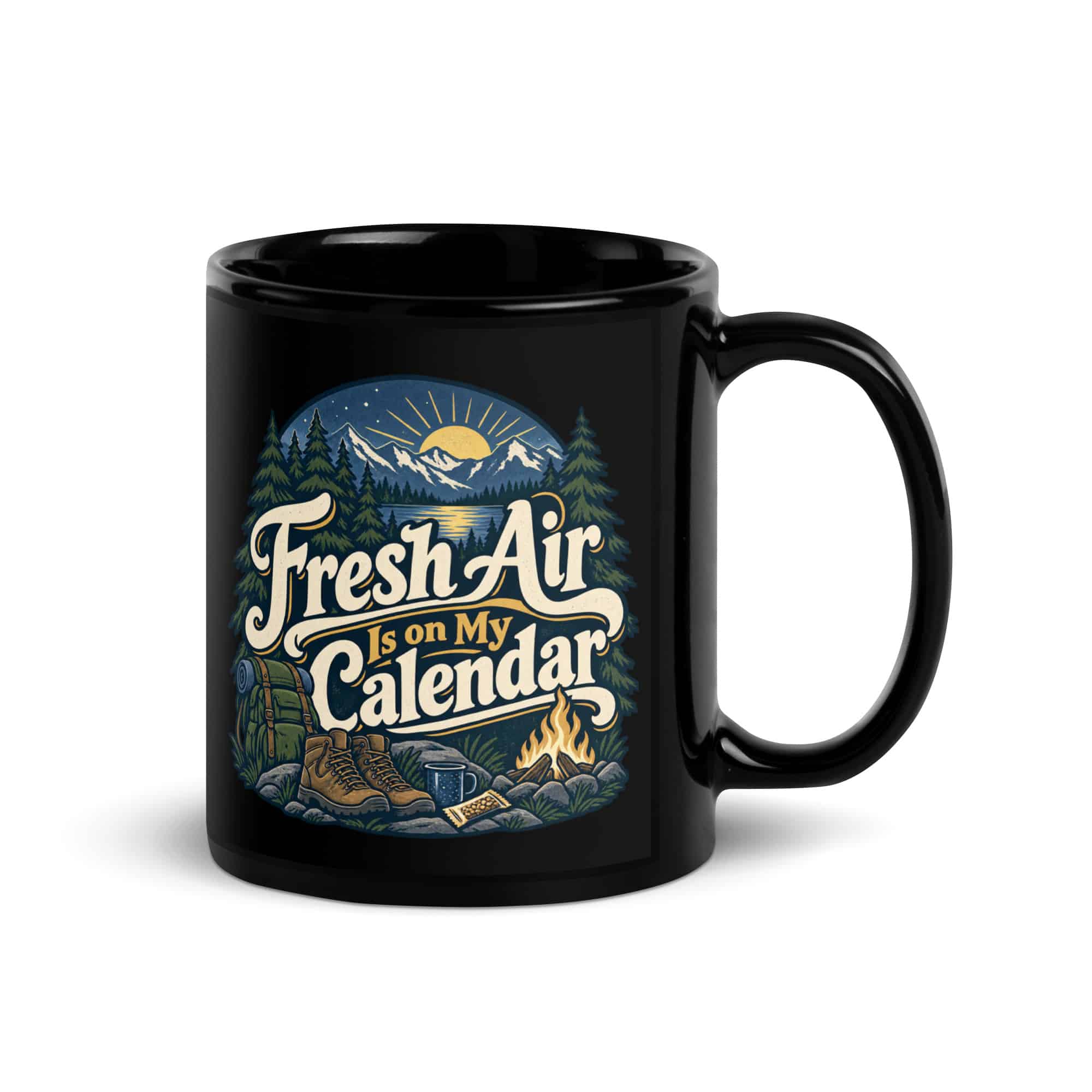 Nature and Adventure Black Coffee Mug: Fresh Air Is on My Calendar, Woodland Scenic Lettering