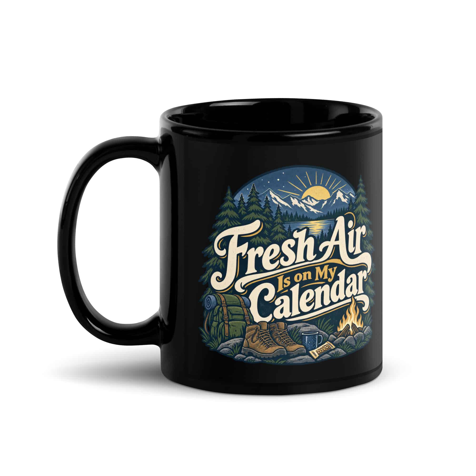 Nature and Adventure Black Coffee Mug: Fresh Air Is on My Calendar, Woodland Scenic Lettering