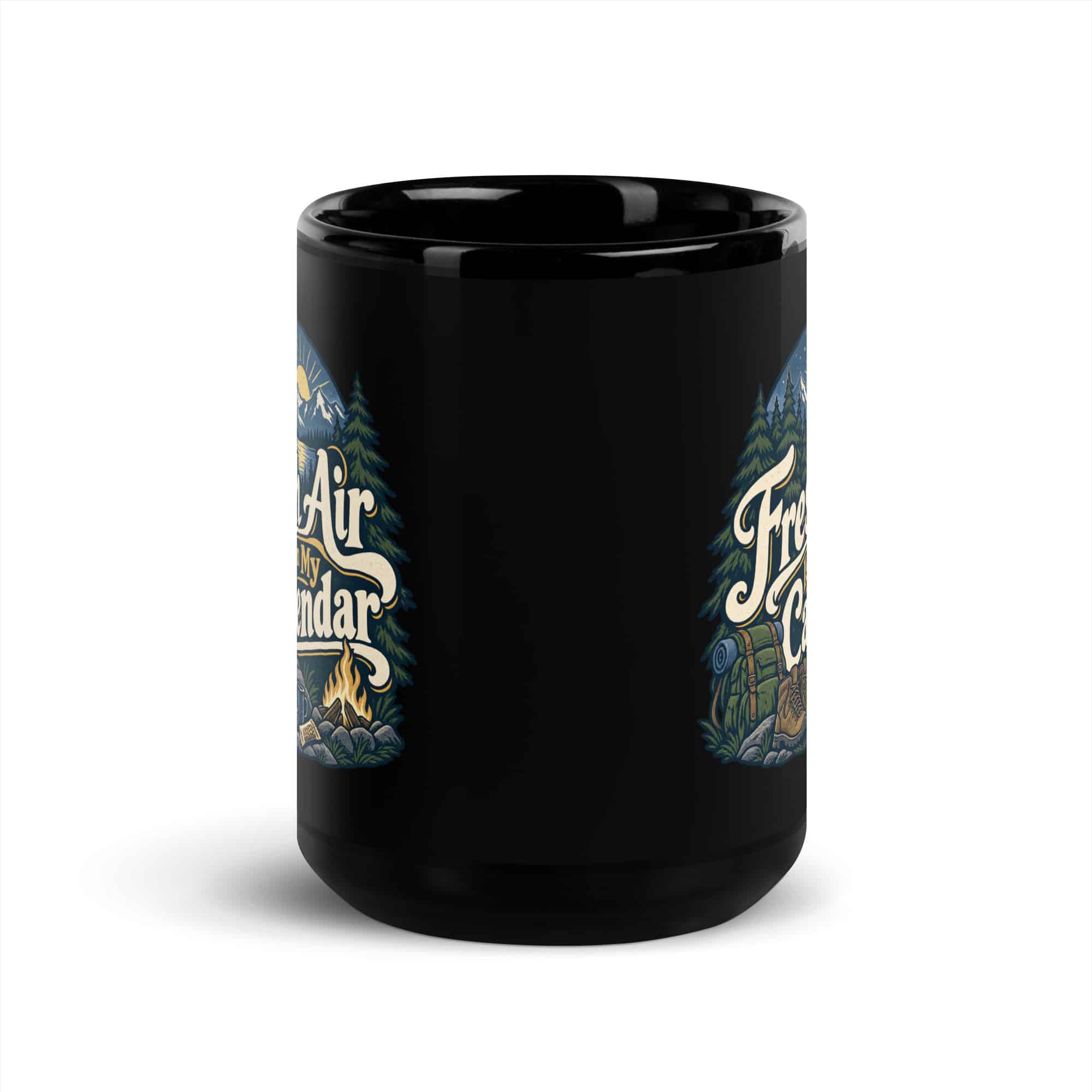 Nature and Adventure Black Coffee Mug: Fresh Air Is on My Calendar, Woodland Scenic Lettering