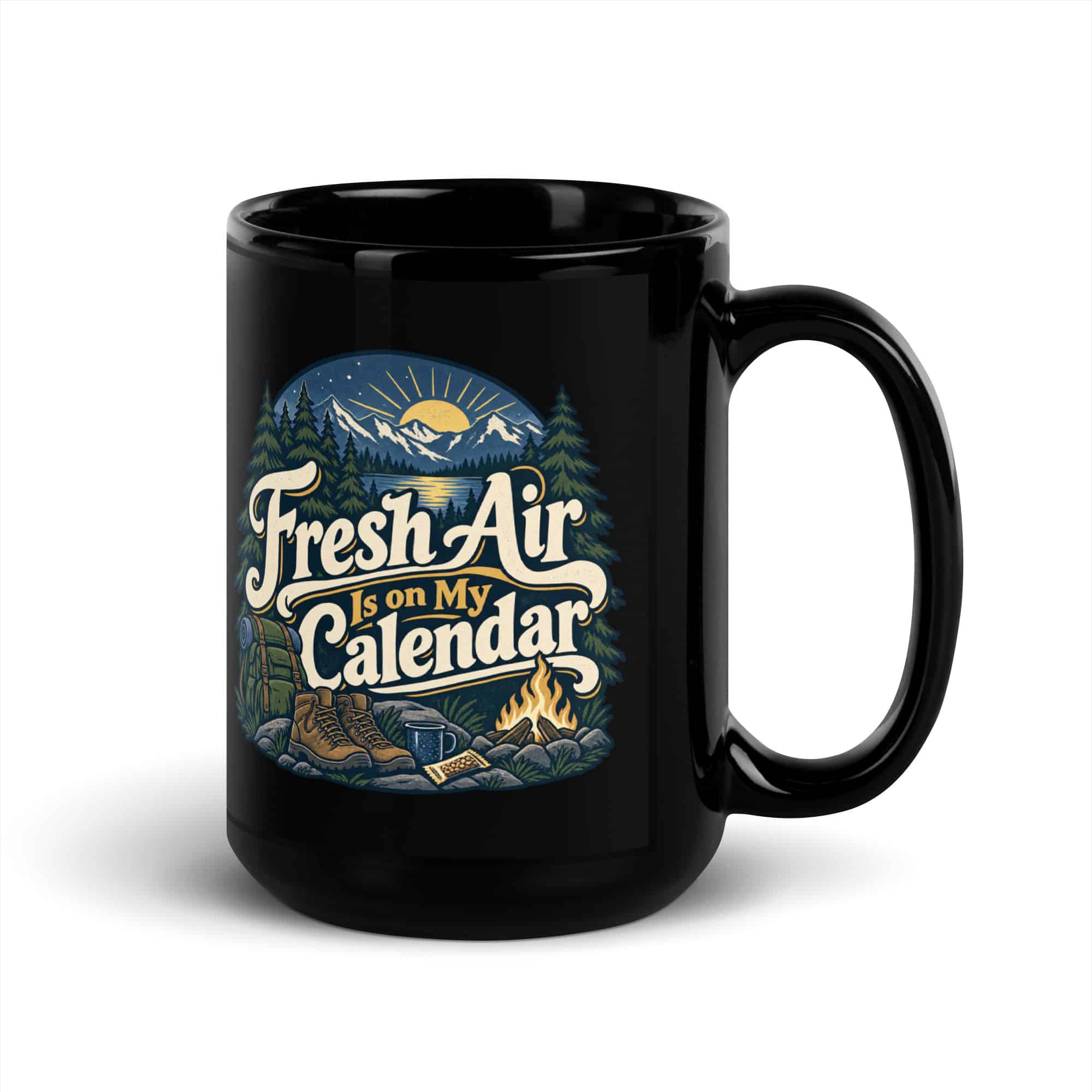 Nature and Adventure Black Coffee Mug: Fresh Air Is on My Calendar, Woodland Scenic Lettering