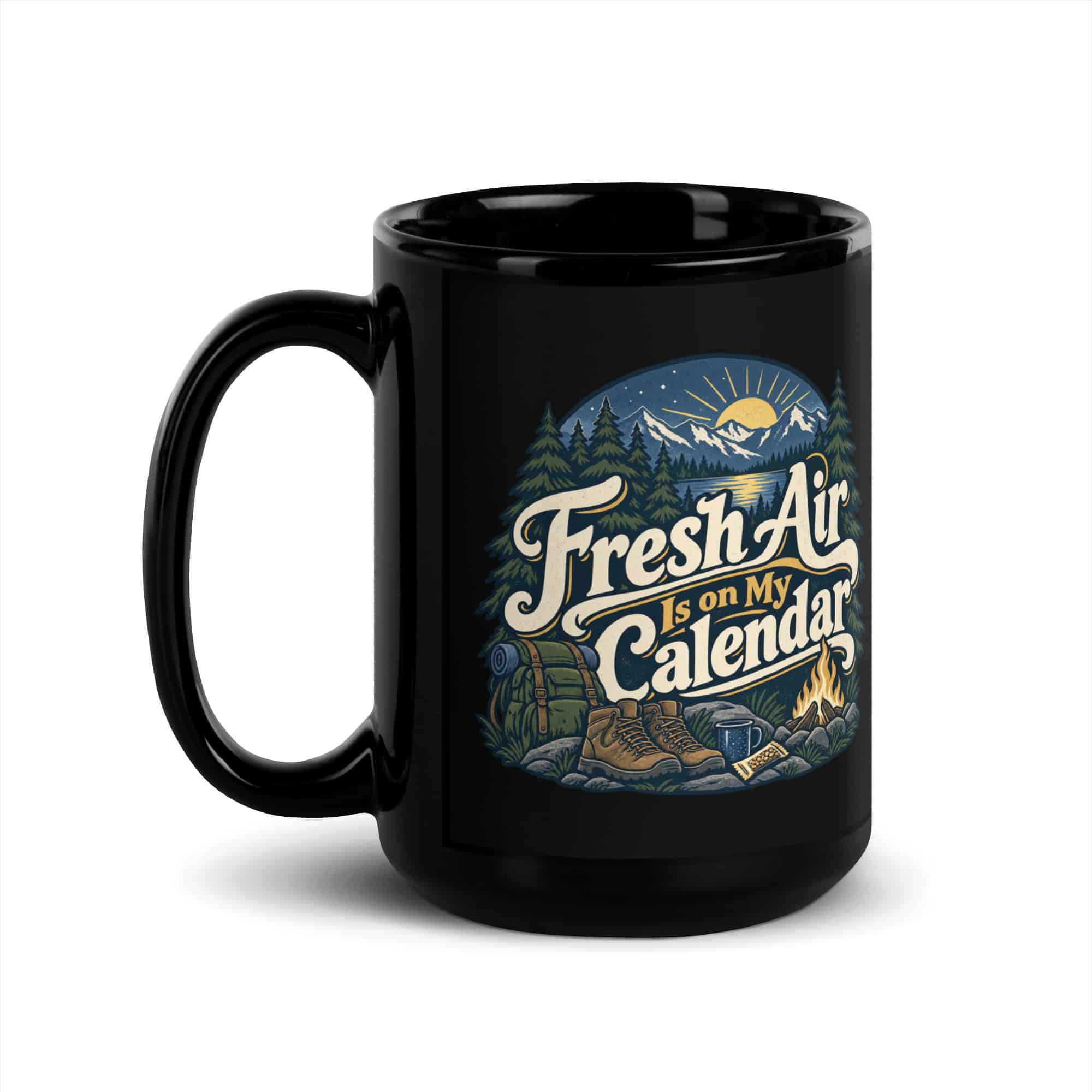 Nature and Adventure Black Coffee Mug: Fresh Air Is on My Calendar, Woodland Scenic Lettering