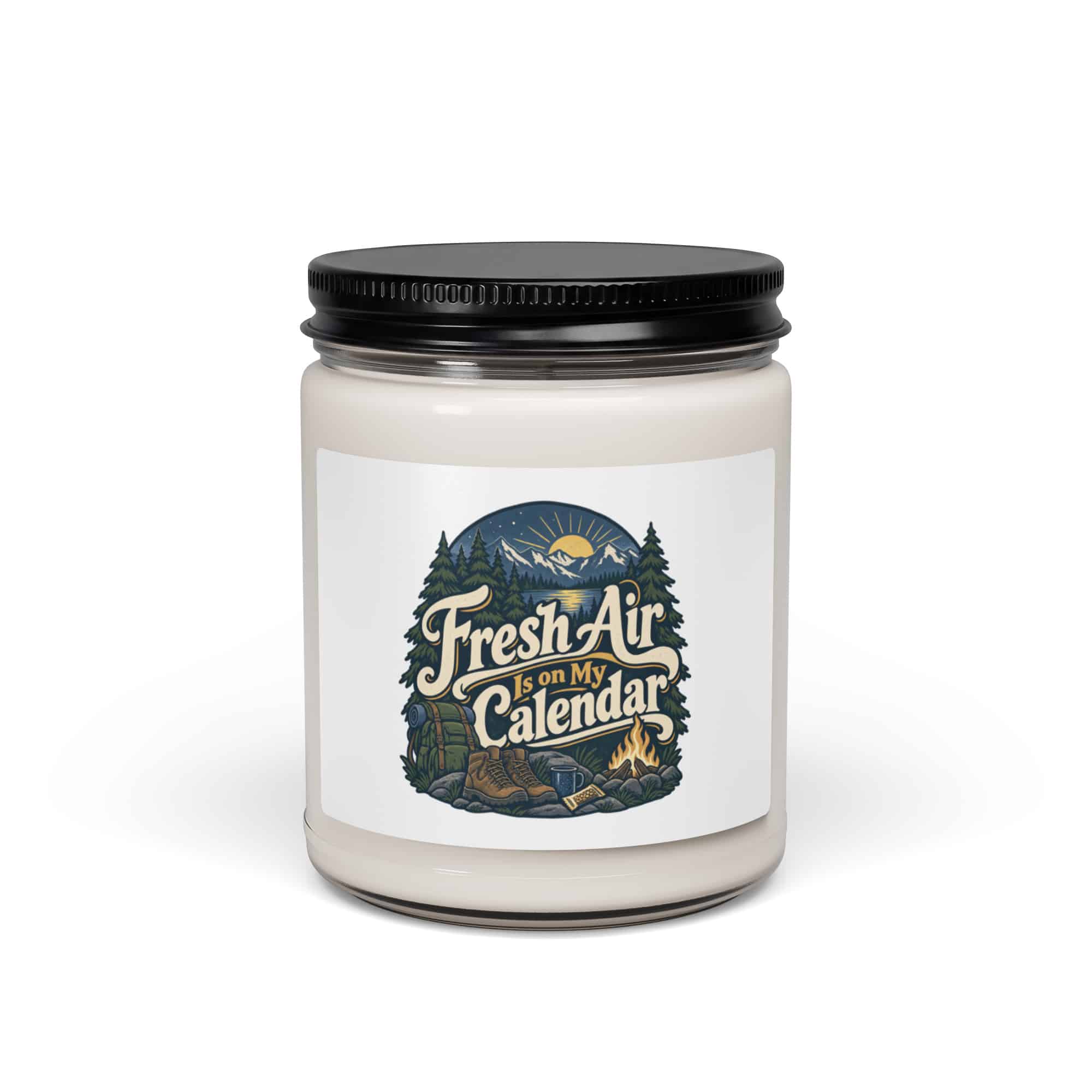 Nature and Adventure Soy Wax Candle: Fresh Air Is on My Calendar, Woodland Scenic Lettering