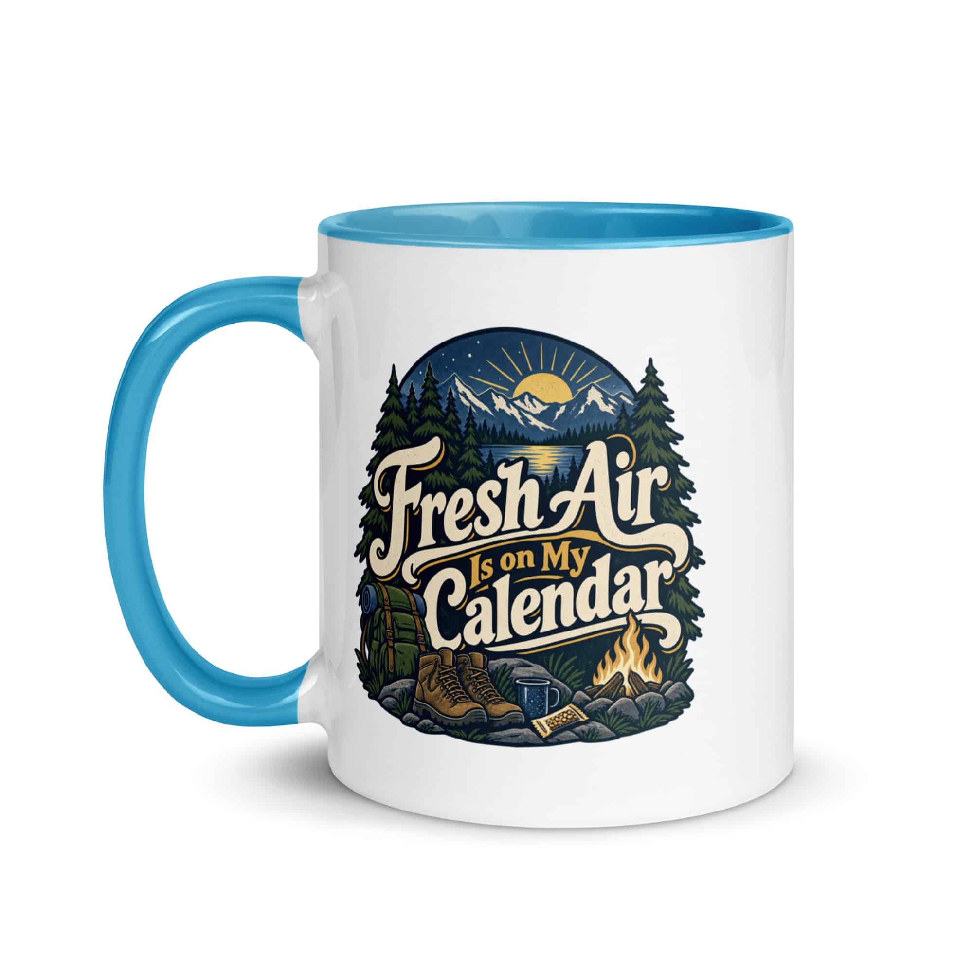 Nature and Adventure Color Inside Coffee Mug: Fresh Air Is on My Calendar, Woodland Scenic Lettering