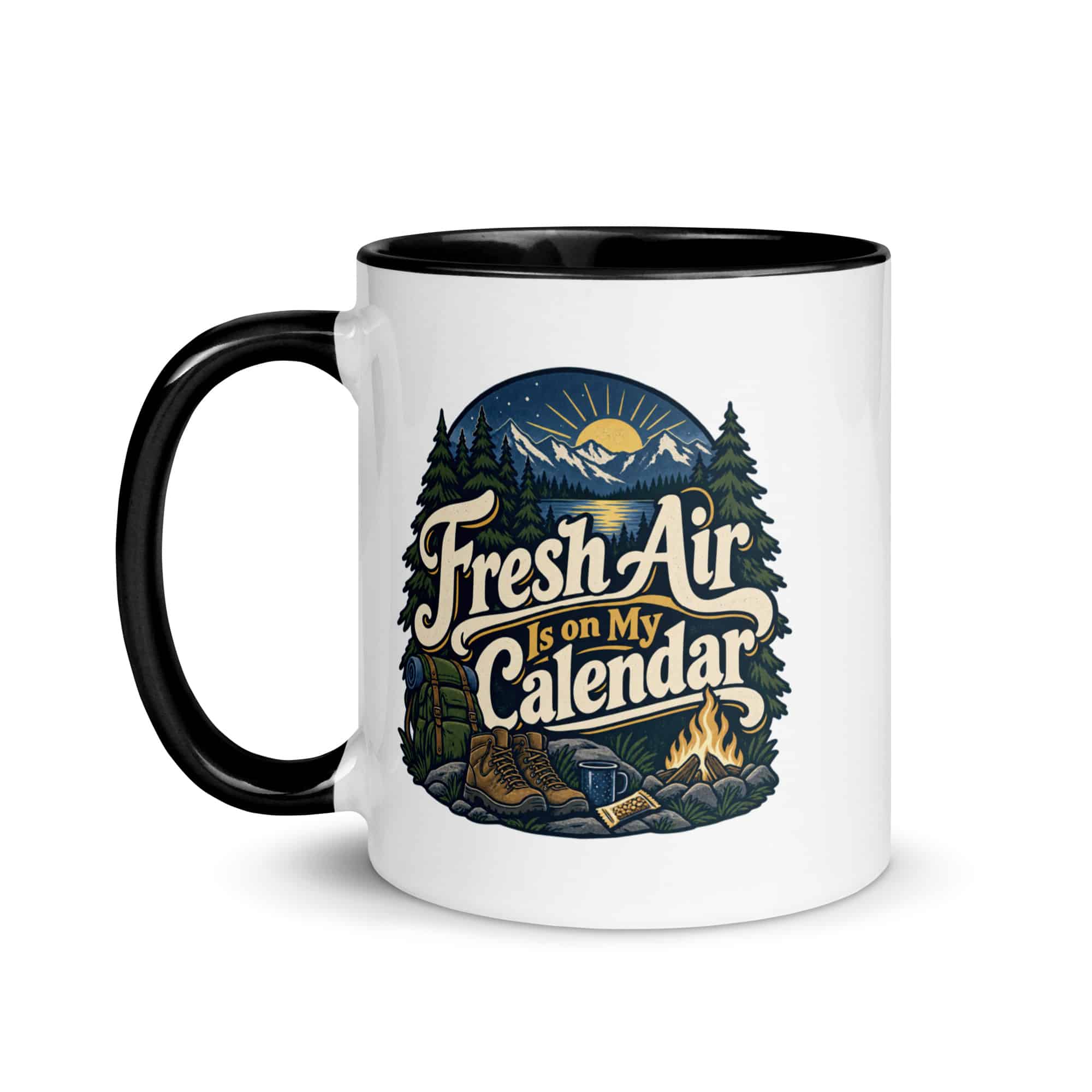 Nature and Adventure Color Inside Coffee Mug: Fresh Air Is on My Calendar, Woodland Scenic Lettering