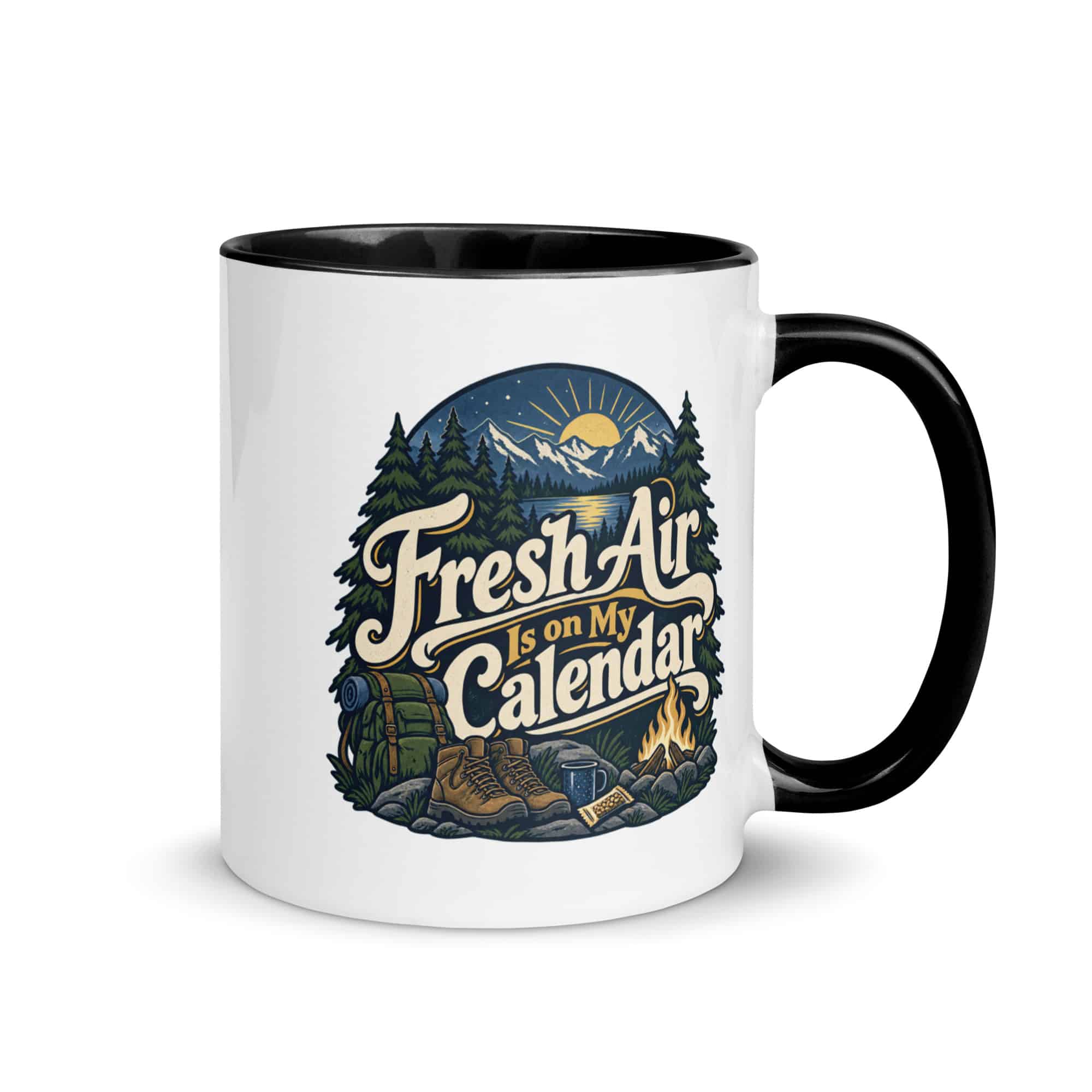 Nature and Adventure Color Inside Coffee Mug: Fresh Air Is on My Calendar, Woodland Scenic Lettering