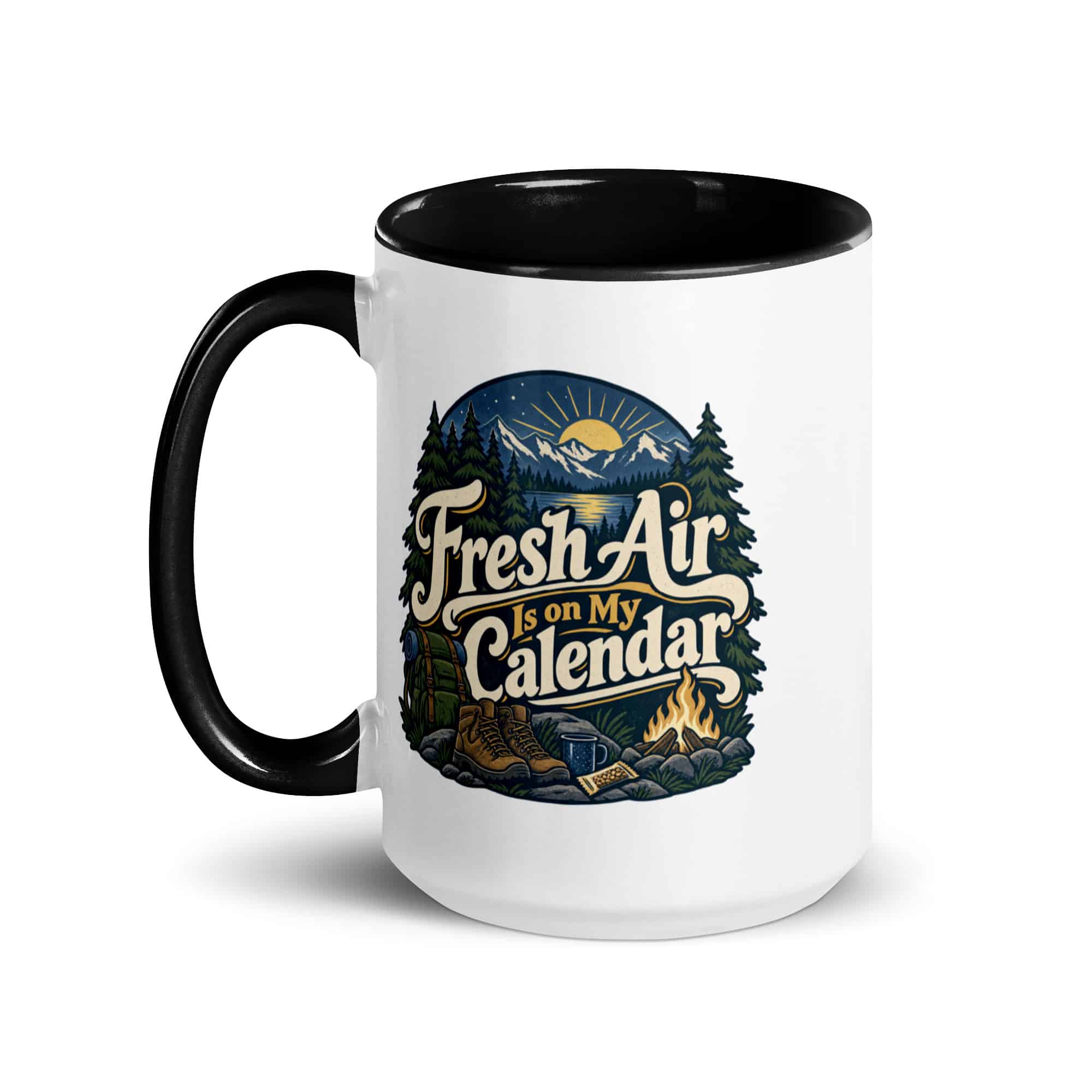 Nature and Adventure Color Inside Coffee Mug: Fresh Air Is on My Calendar, Woodland Scenic Lettering