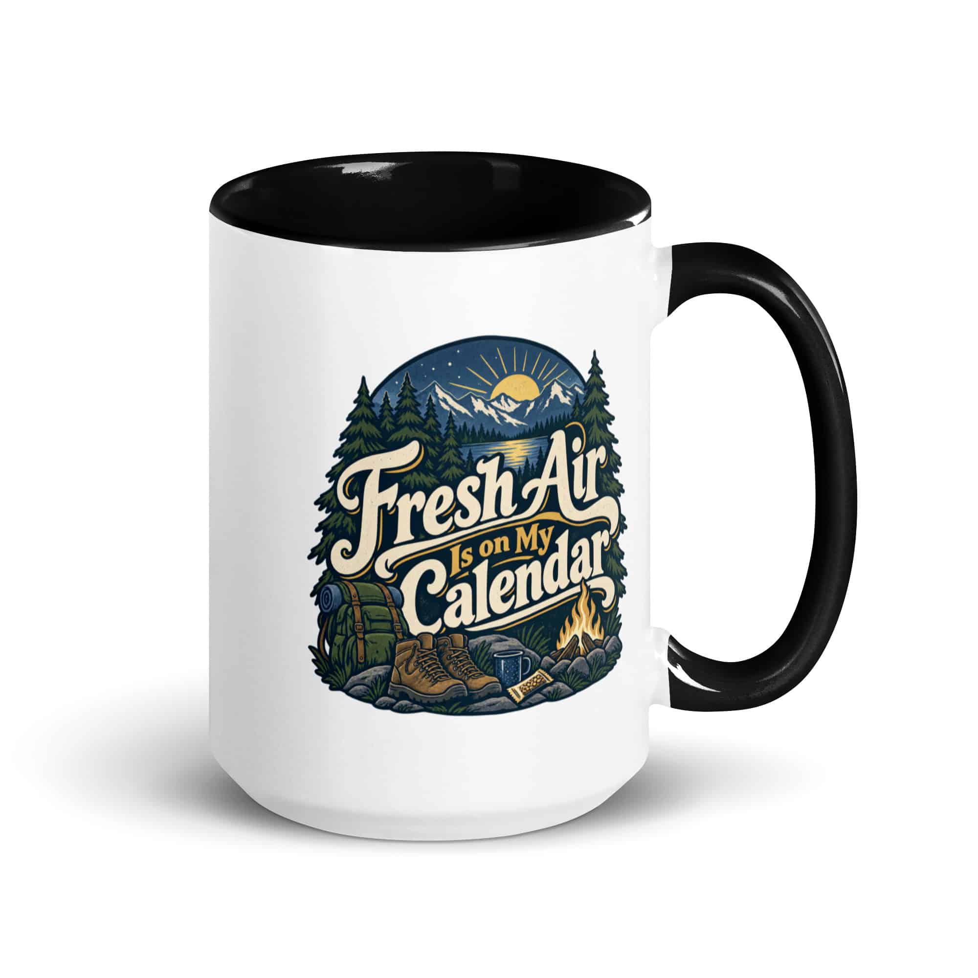 Nature and Adventure Color Inside Coffee Mug: Fresh Air Is on My Calendar, Woodland Scenic Lettering