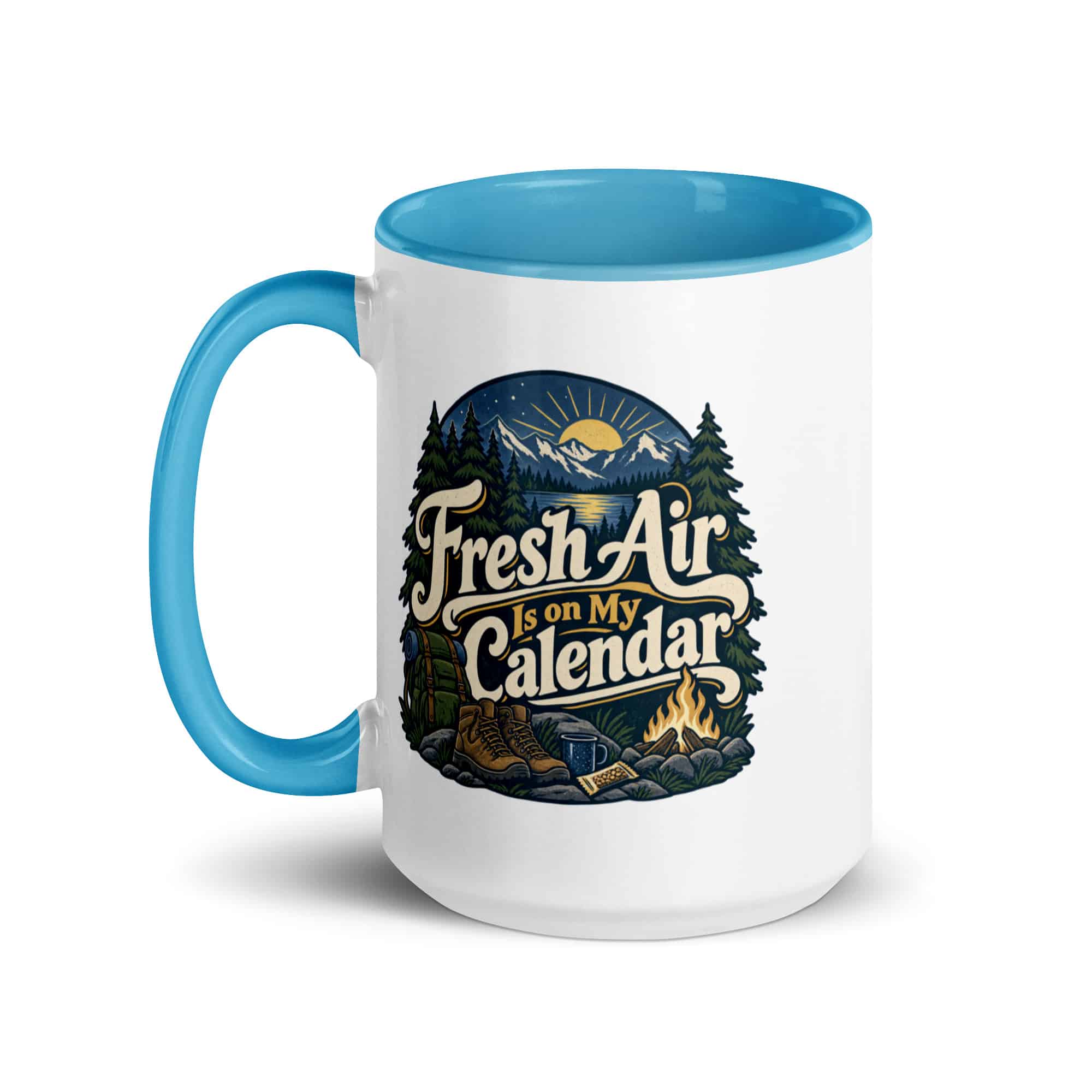 Nature and Adventure Color Inside Coffee Mug: Fresh Air Is on My Calendar, Woodland Scenic Lettering