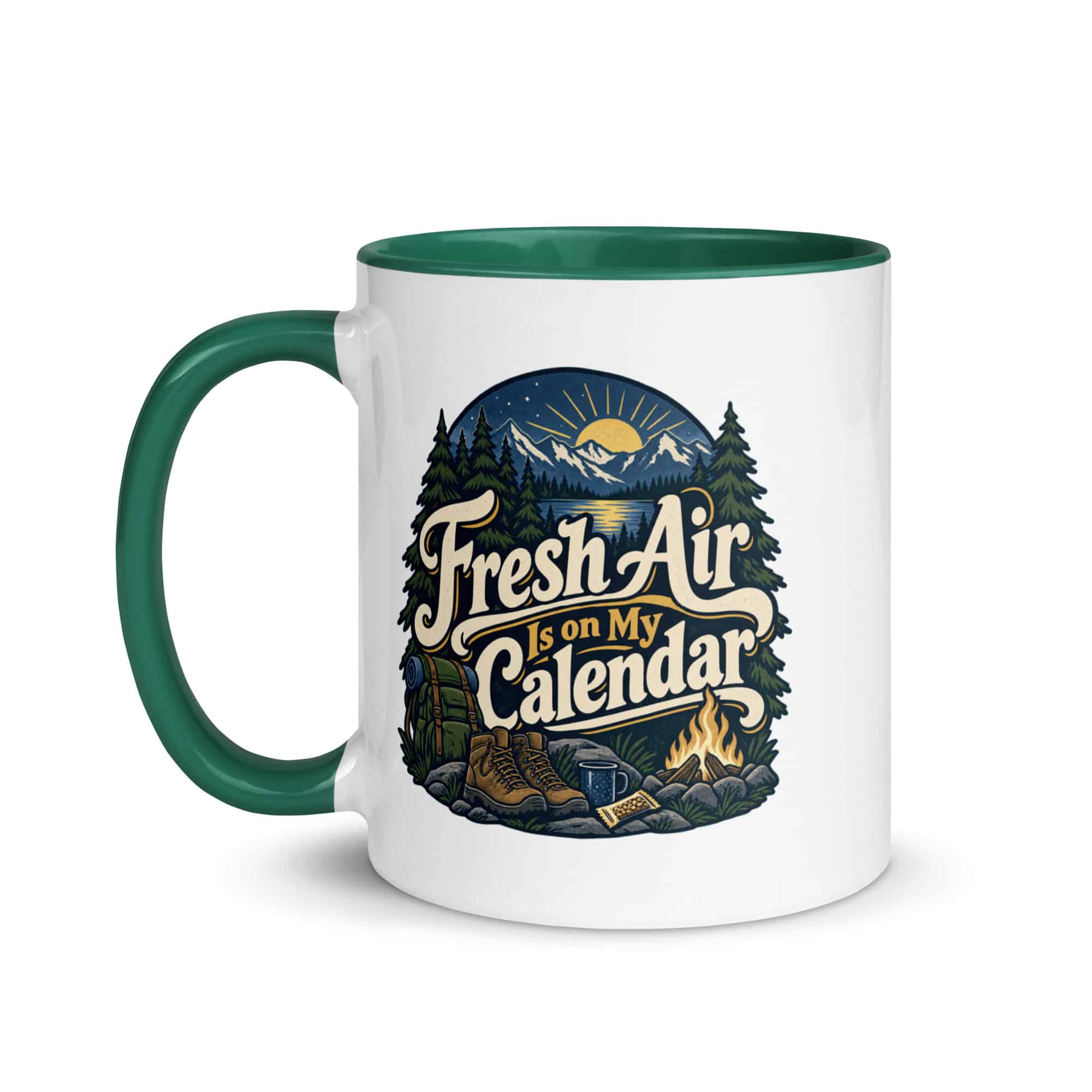 Nature and Adventure Color Inside Coffee Mug: Fresh Air Is on My Calendar, Woodland Scenic Lettering