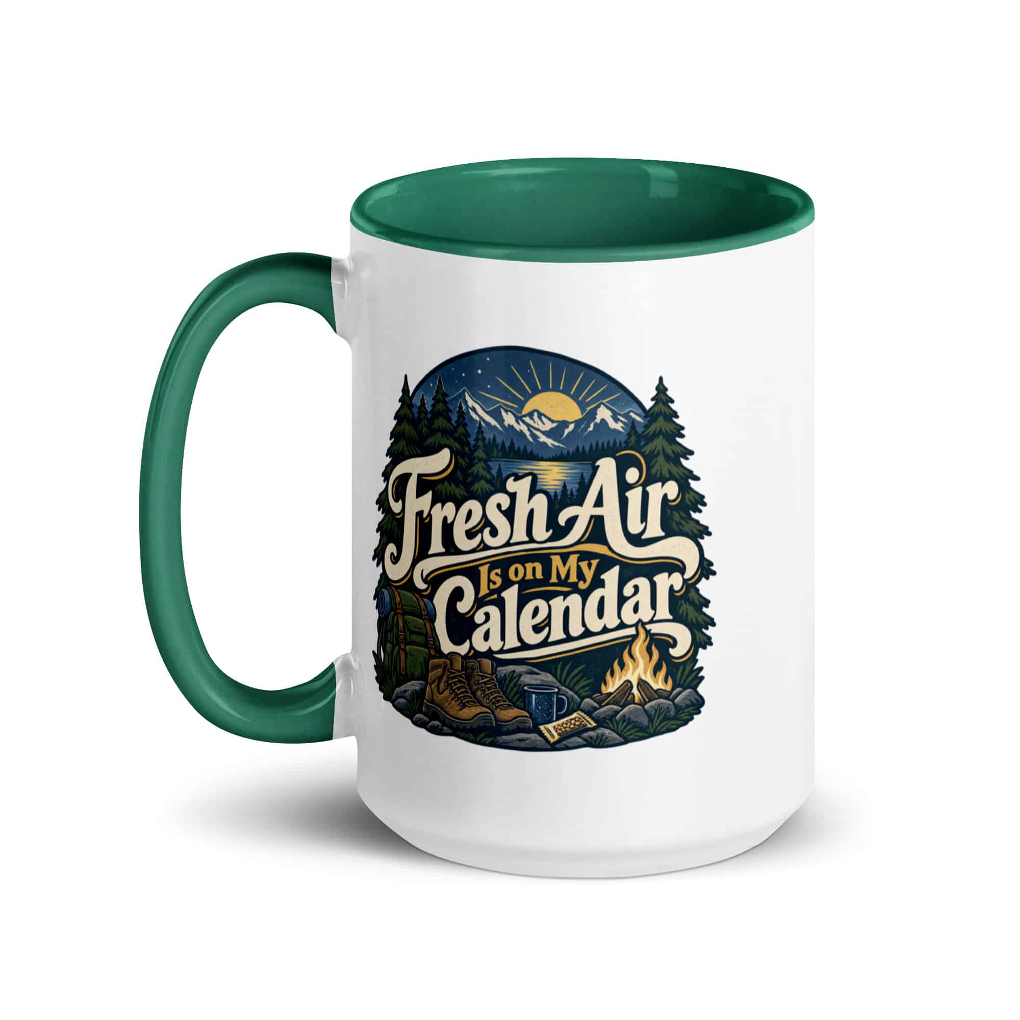 Nature and Adventure Color Inside Coffee Mug: Fresh Air Is on My Calendar, Woodland Scenic Lettering