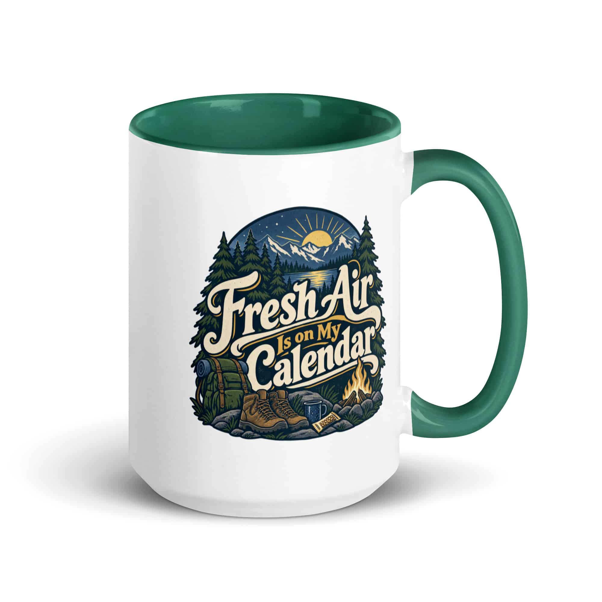 Nature and Adventure Color Inside Coffee Mug: Fresh Air Is on My Calendar, Woodland Scenic Lettering