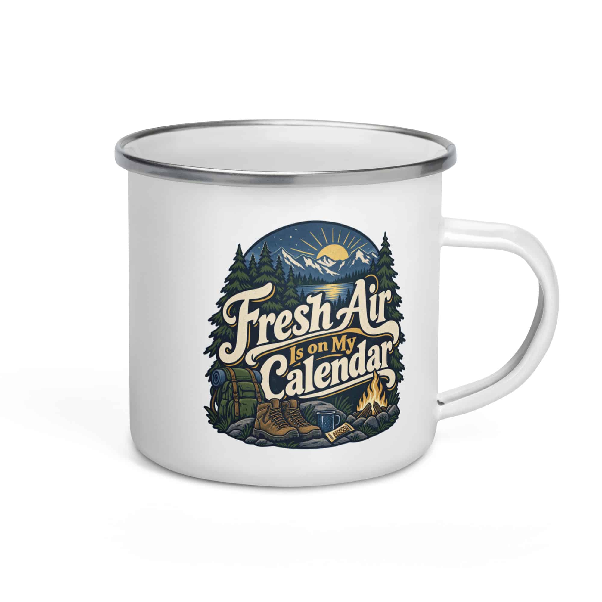 Nature and Adventure Enamel Camp Mug: Fresh Air Is on My Calendar, Woodland Scenic Lettering