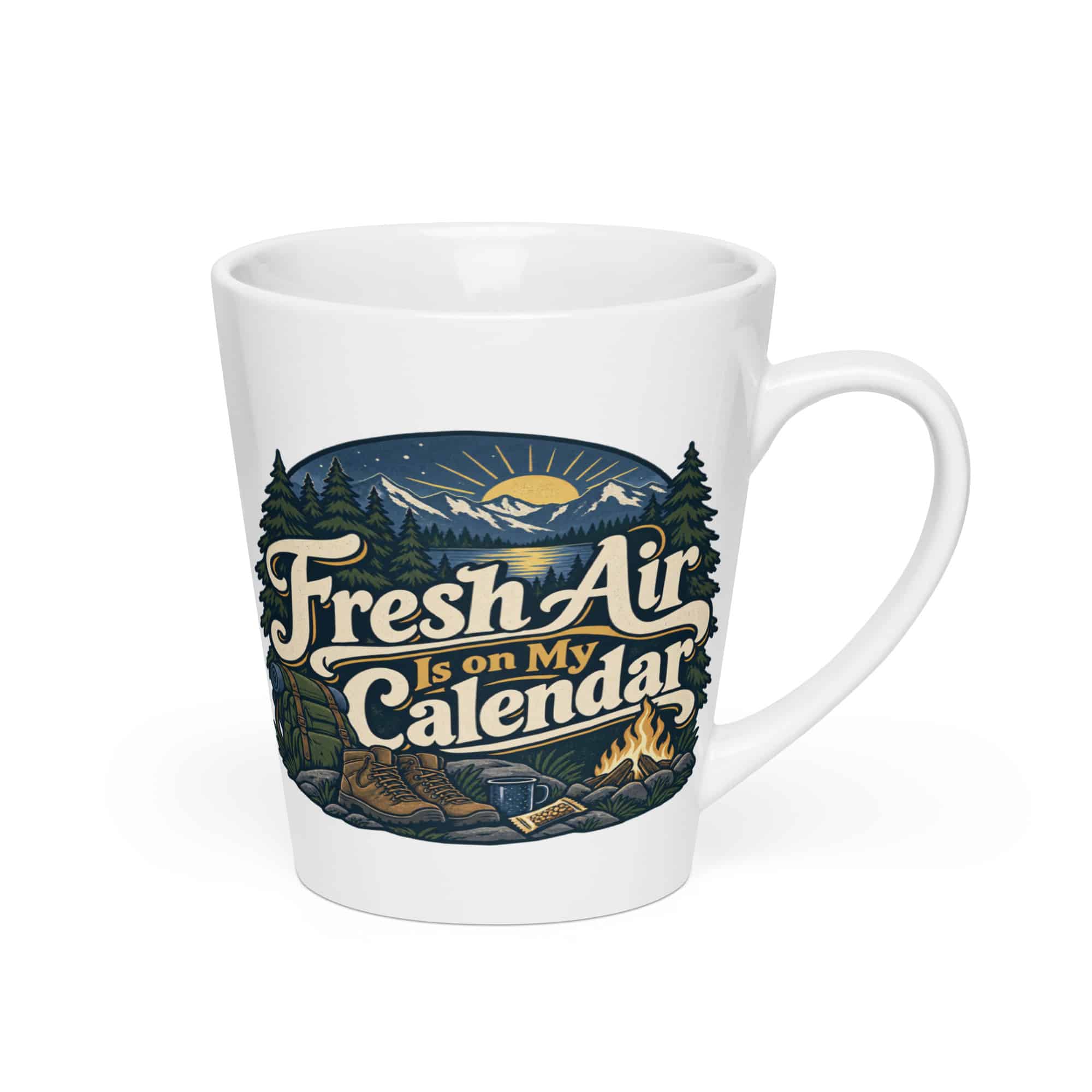 Nature and Adventure Latte Mug: Fresh Air Is on My Calendar, Woodland Scenic Lettering
