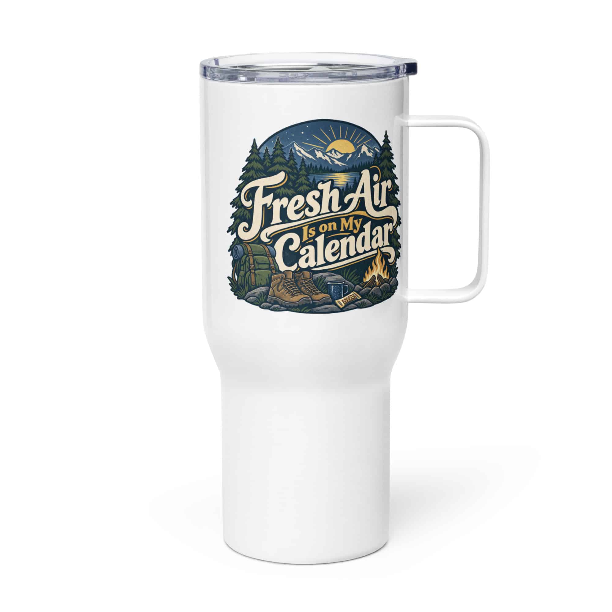 Nature and Adventure Travel Mug: Fresh Air Is on My Calendar, Woodland Scenic Lettering