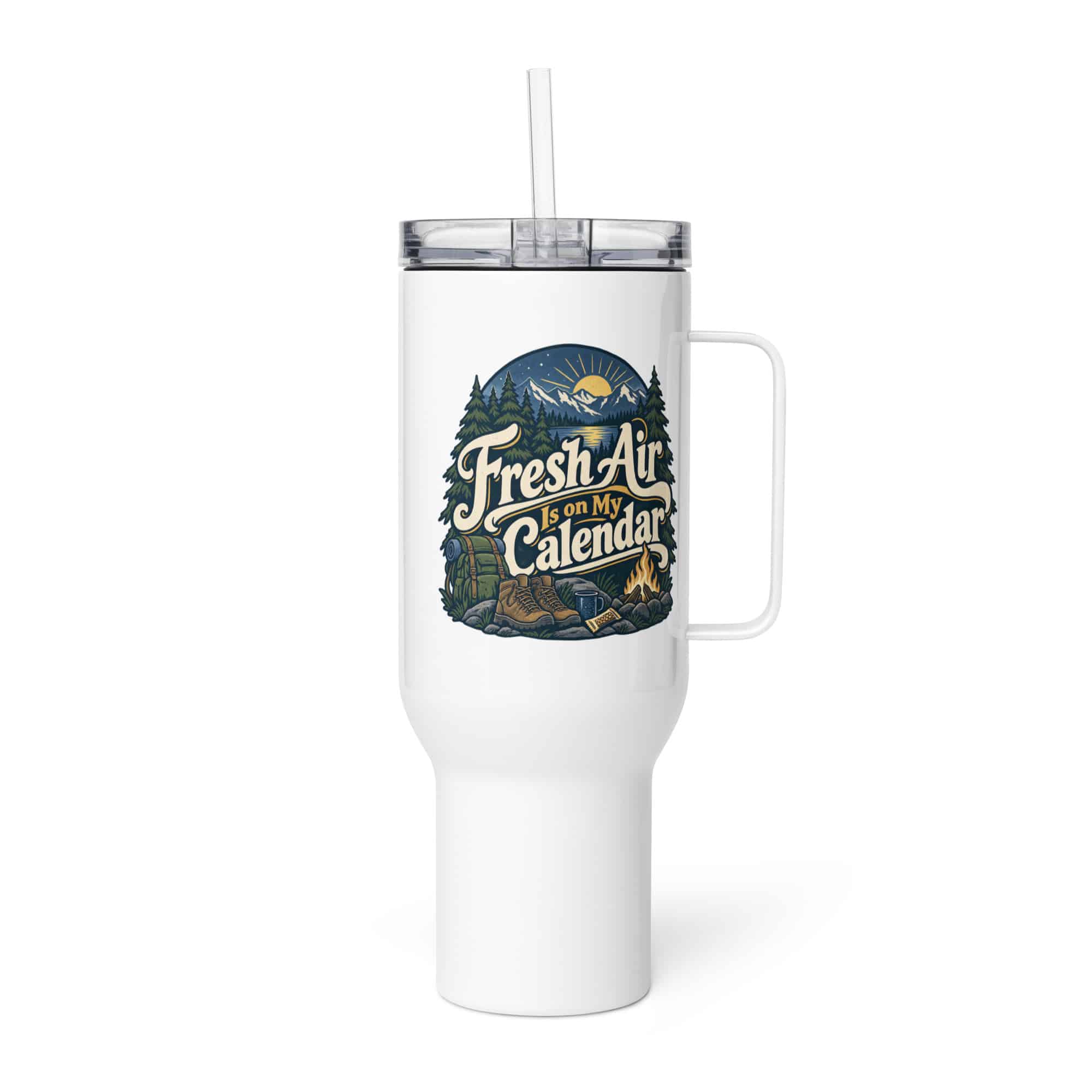 Nature and Adventure Travel Mug: Fresh Air Is on My Calendar, Woodland Scenic Lettering