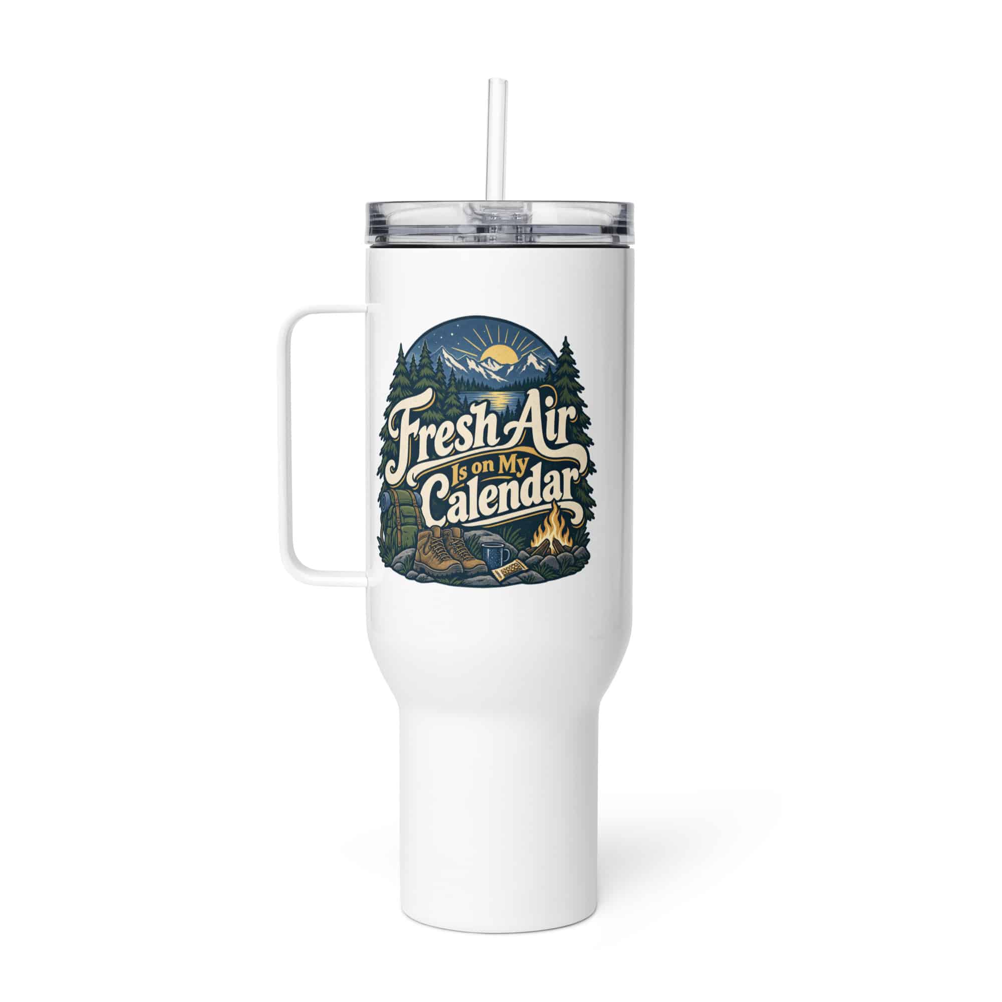 Nature and Adventure Travel Mug: Fresh Air Is on My Calendar, Woodland Scenic Lettering