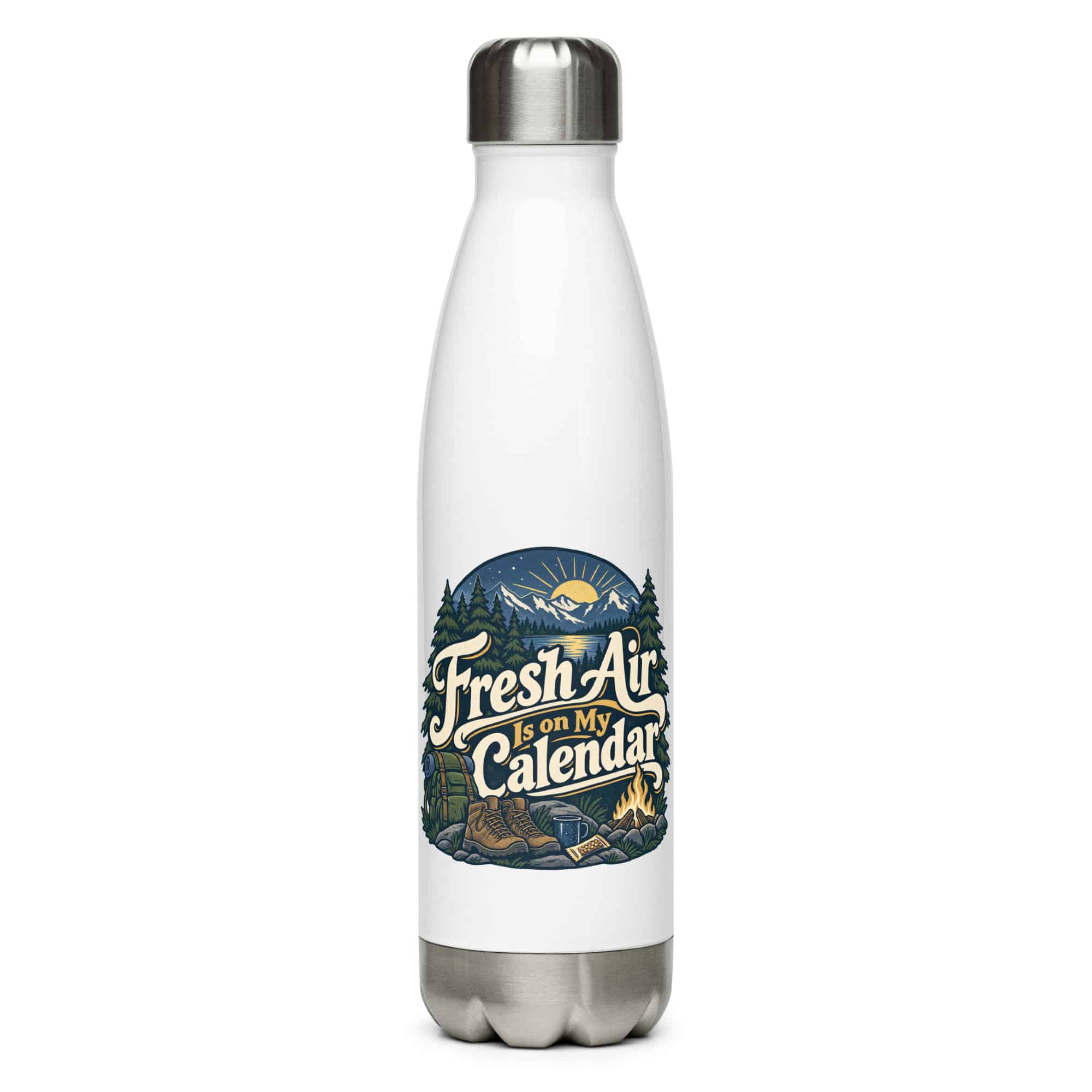 Nature and Adventure Stainless Steel Water Bottle: Fresh Air Is on My Calendar, Woodland Scenic Lettering