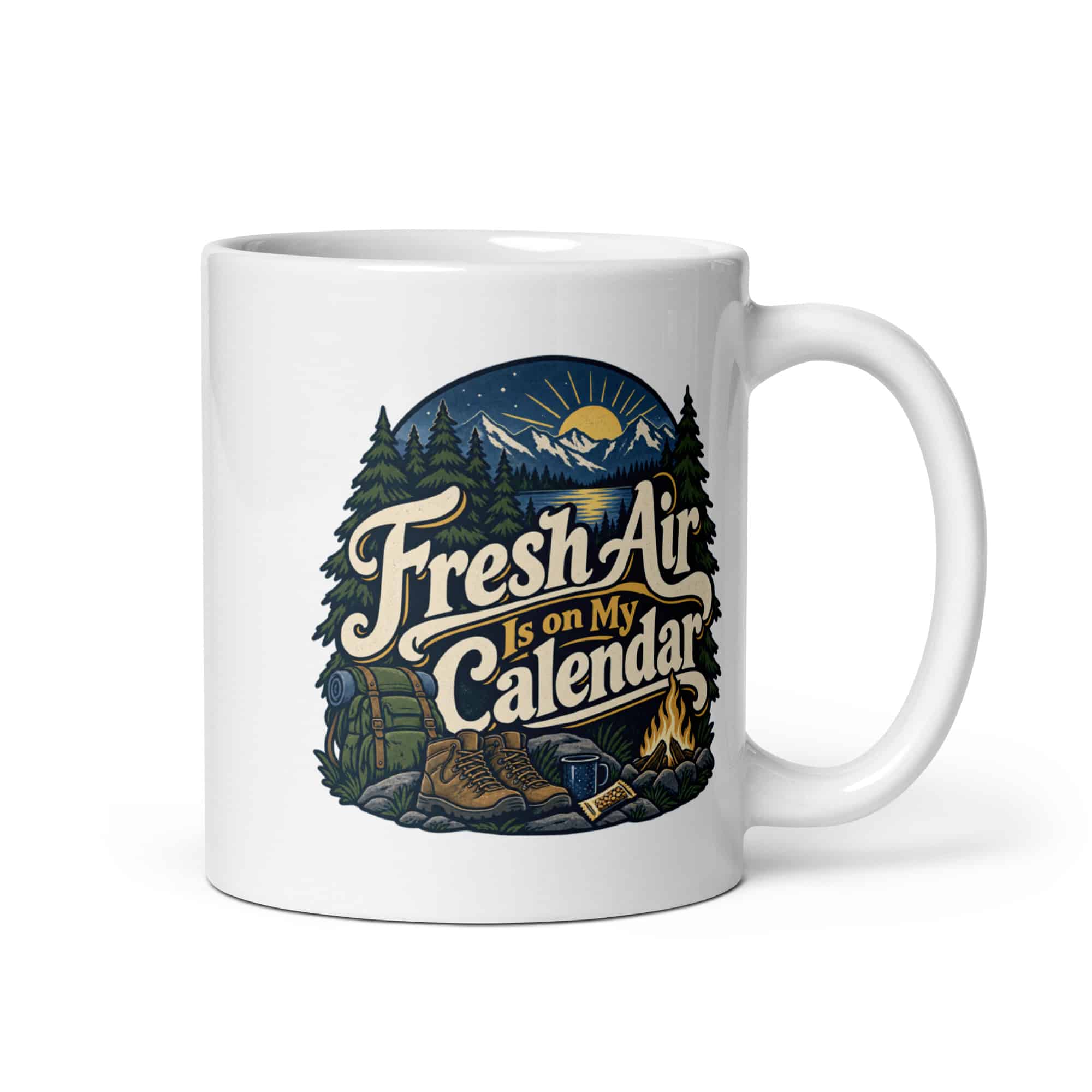 Nature and Adventure White Ceramic Coffee Mug: Fresh Air Is on My Calendar, Woodland Scenic Lettering