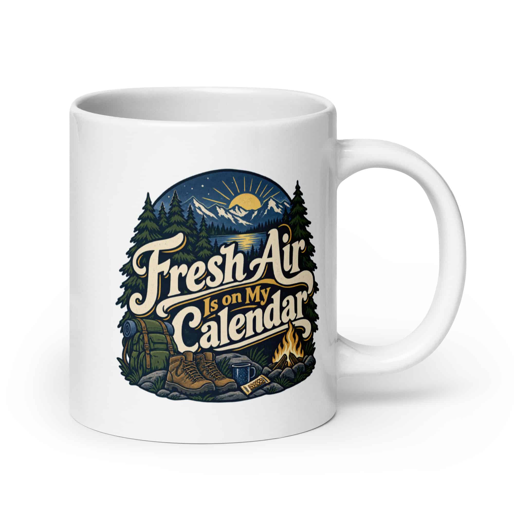 Nature and Adventure White Ceramic Coffee Mug: Fresh Air Is on My Calendar, Woodland Scenic Lettering