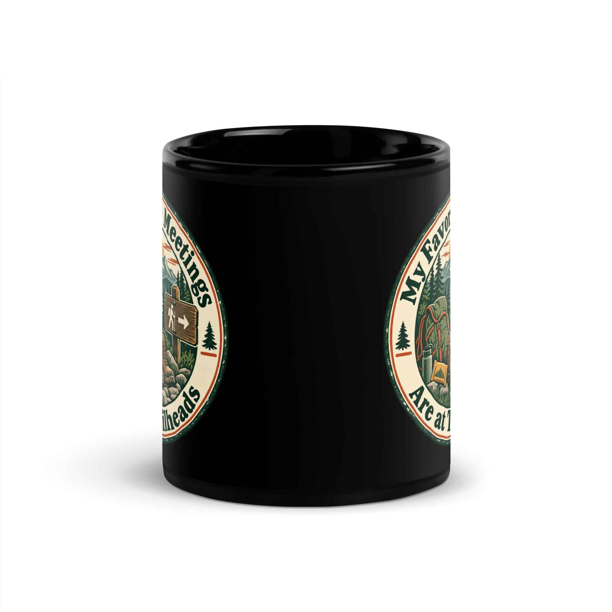 Nature and Adventure Black Coffee Mug: My Favorite Meetings Are at Trailheads, Vintage Round Badge