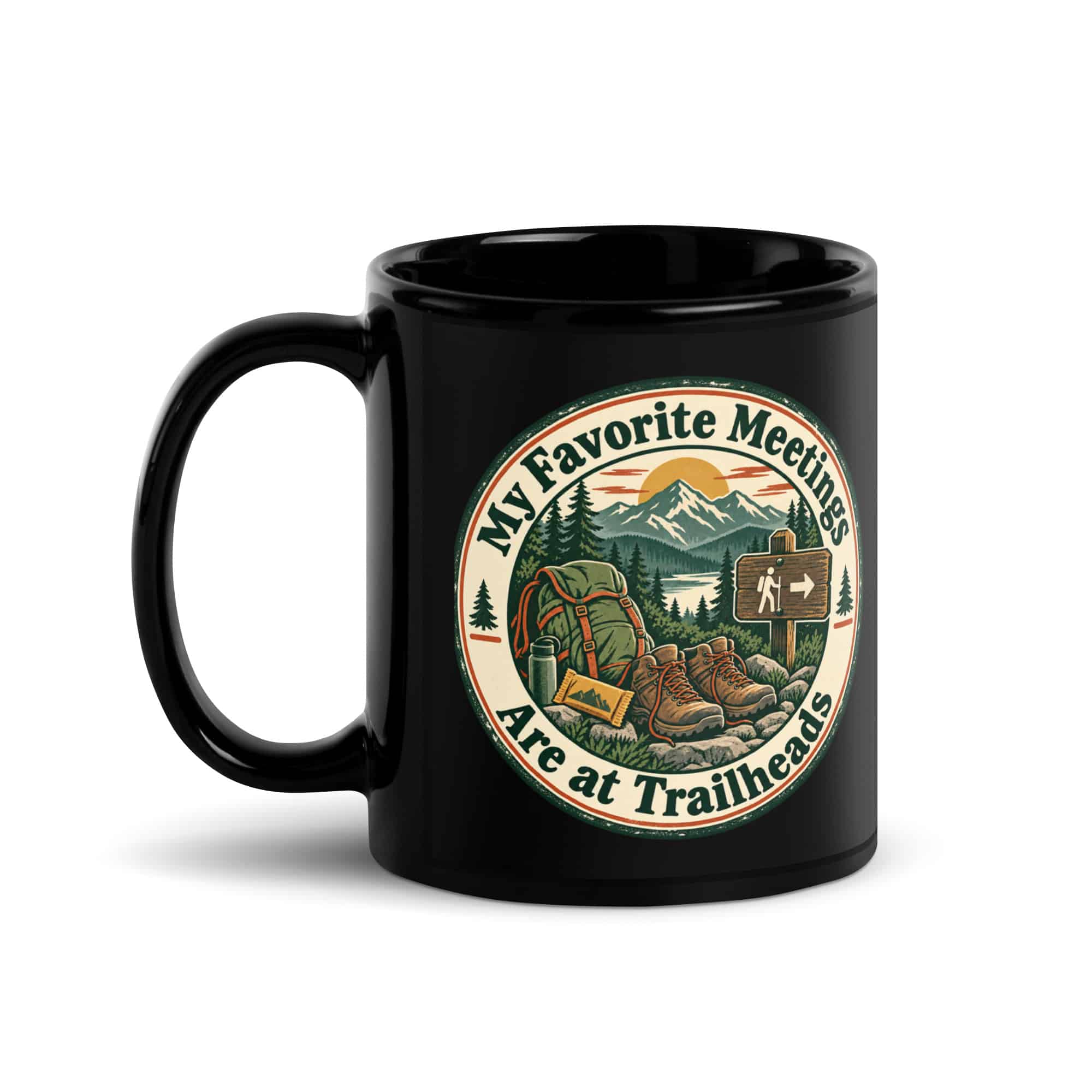 Nature and Adventure Black Coffee Mug: My Favorite Meetings Are at Trailheads, Vintage Round Badge