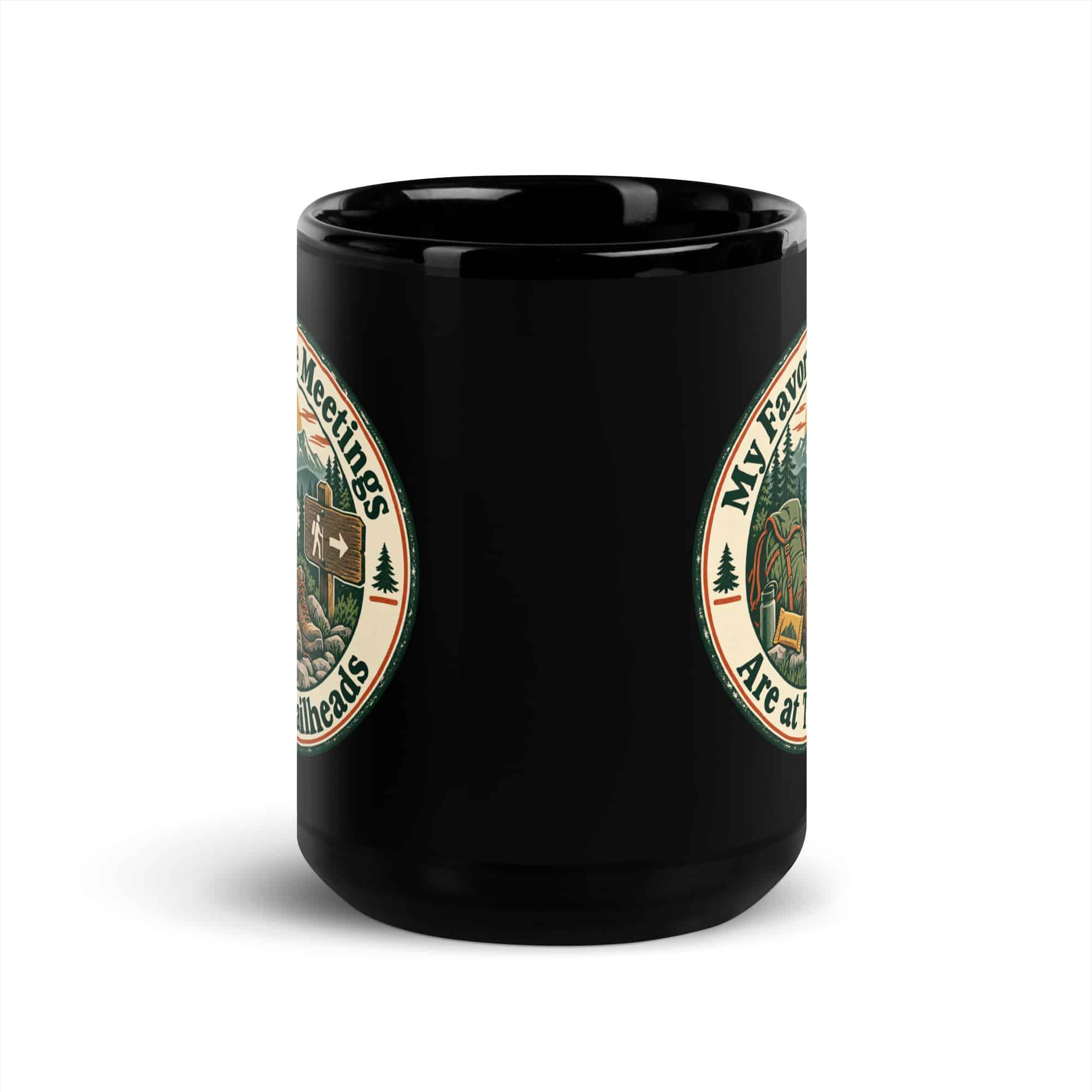 Nature and Adventure Black Coffee Mug: My Favorite Meetings Are at Trailheads, Vintage Round Badge