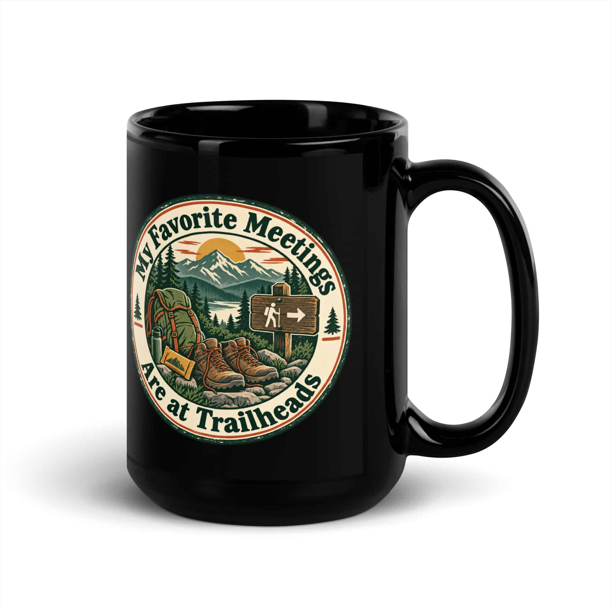 Nature and Adventure Black Coffee Mug: My Favorite Meetings Are at Trailheads, Vintage Round Badge
