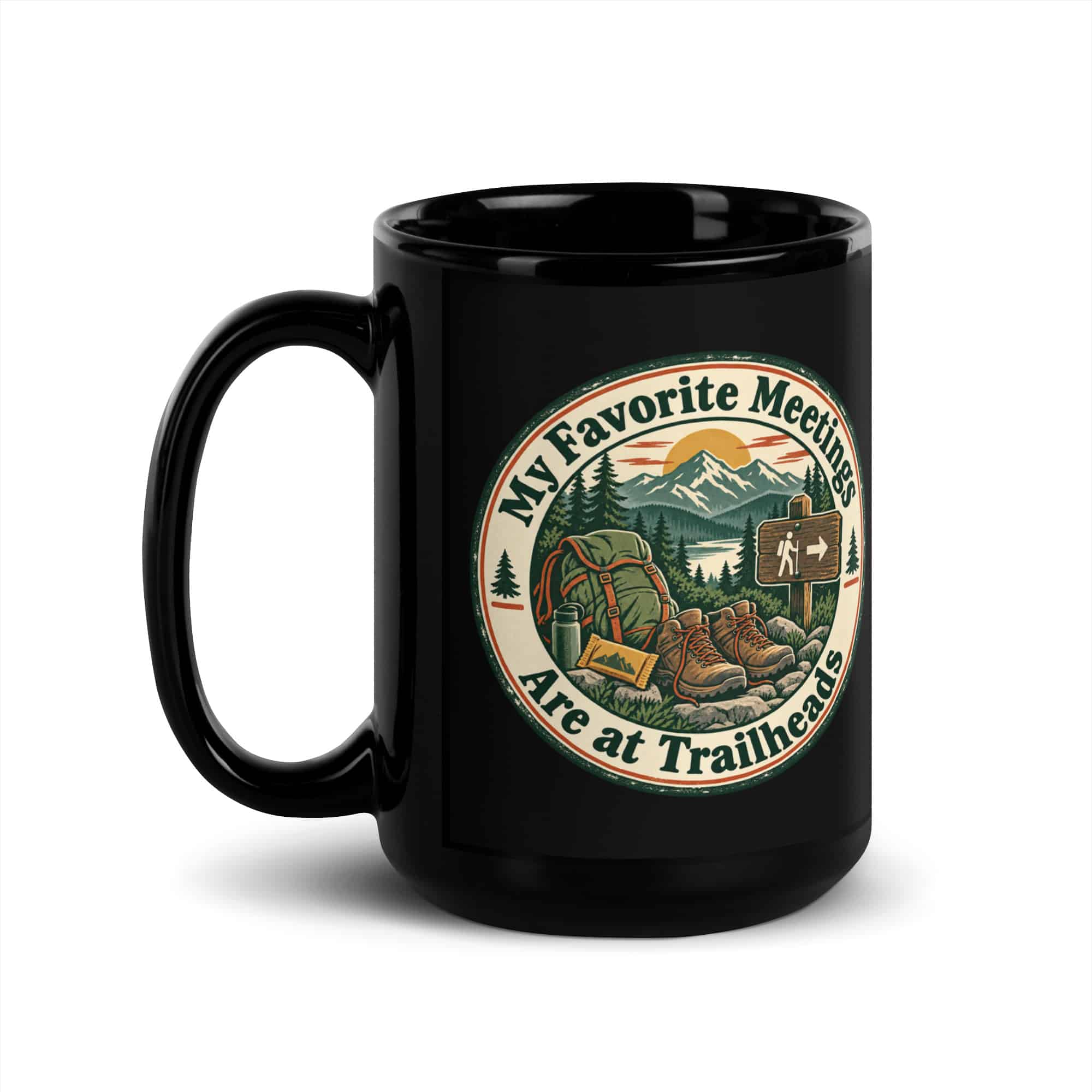 Nature and Adventure Black Coffee Mug: My Favorite Meetings Are at Trailheads, Vintage Round Badge