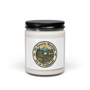 Nature and Adventure Soy Wax Candle: My Favorite Meetings Are at Trailheads, Vintage Round Badge - 9oz - Main
