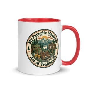 Nature and Adventure Color Inside Coffee Mug: My Favorite Meetings Are at Trailheads, Vintage Round Badge - 11 oz - Main