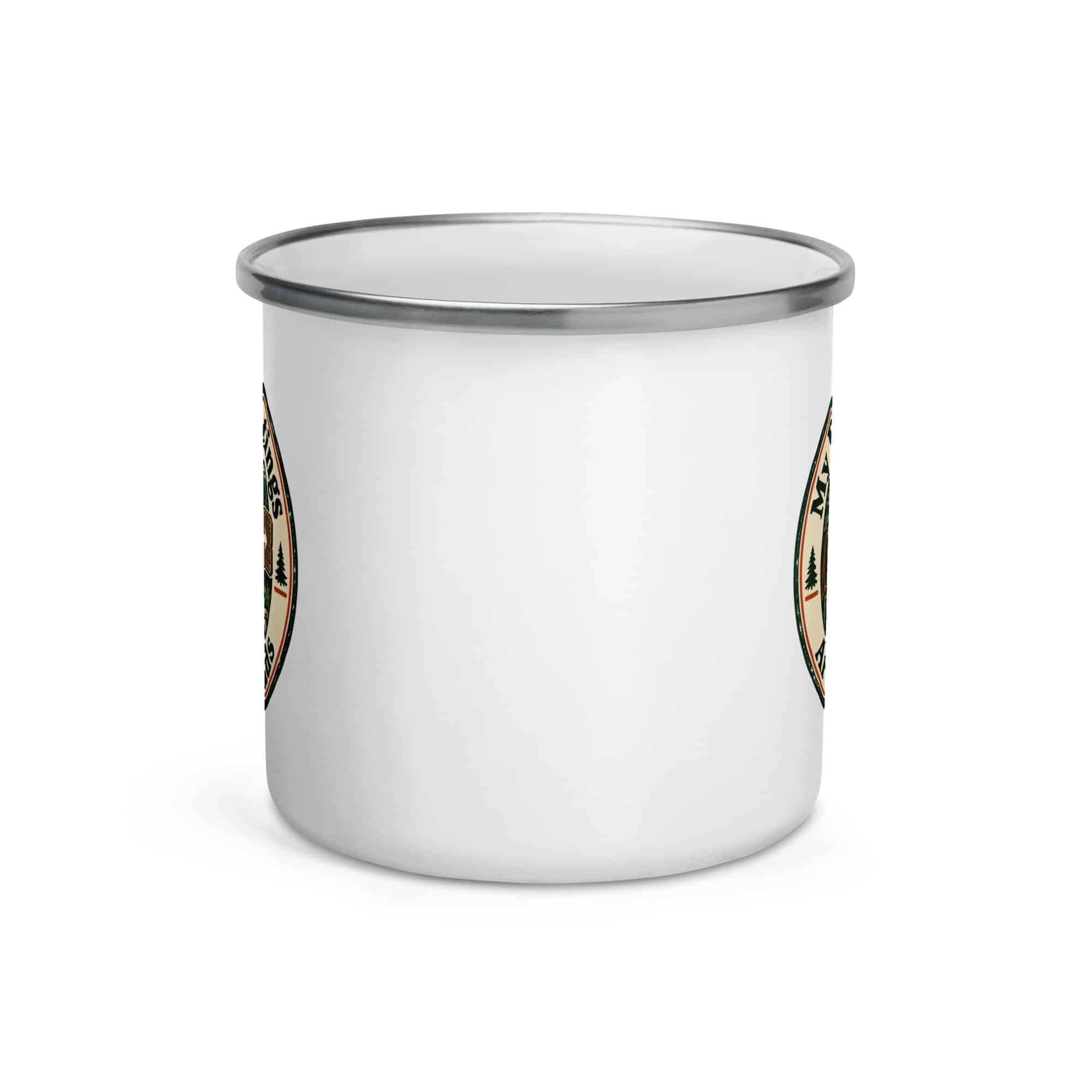 Nature and Adventure Enamel Camp Mug: My Favorite Meetings Are at Trailheads, Vintage Round Badge
