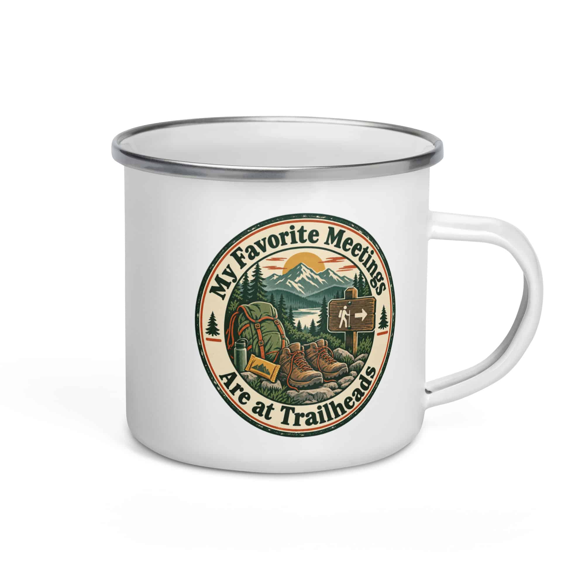 Nature and Adventure Enamel Camp Mug: My Favorite Meetings Are at Trailheads, Vintage Round Badge