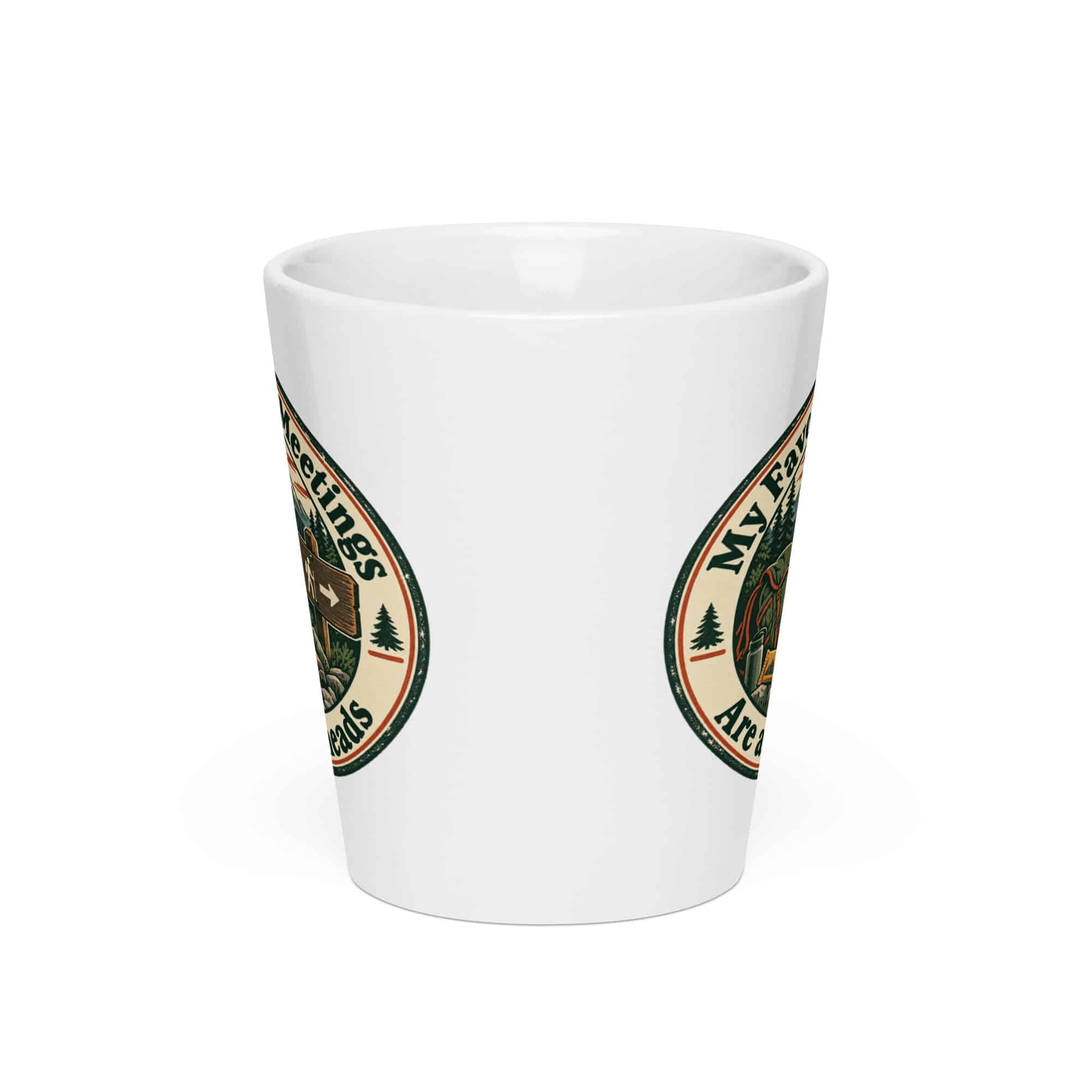 Nature and Adventure Latte Mug: My Favorite Meetings Are at Trailheads, Vintage Round Badge